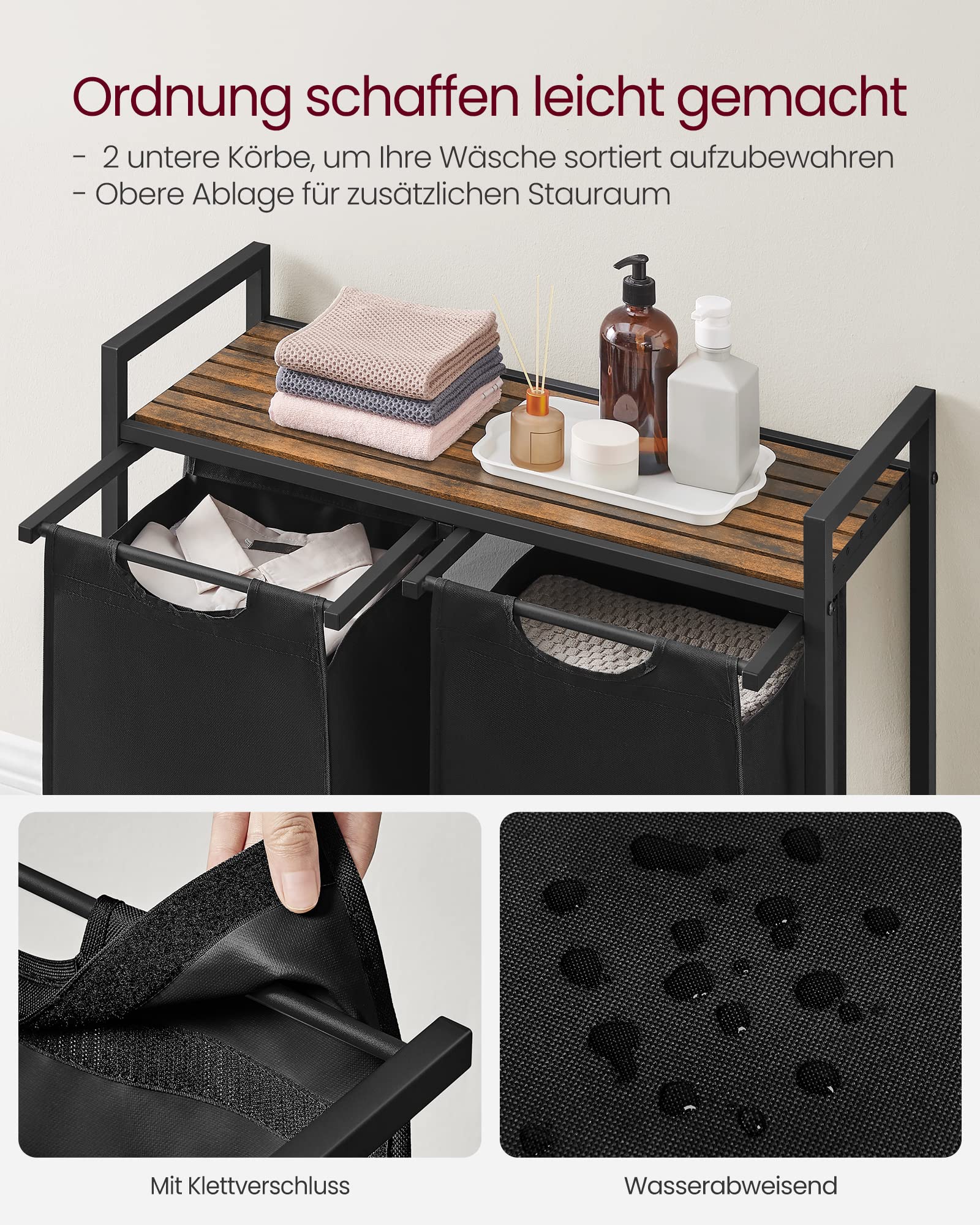 VASAGLE Wäschekorb 2 Fächer, Wäschesammler mit Ablage, Wäschebox, Wäschesack aus Oxford-Gewebe abnehmbar, Metallrahmen, 2 x 46 L, 73 x 33 x 72 cm, tintenschwarz-vintagebraun BLH201B01