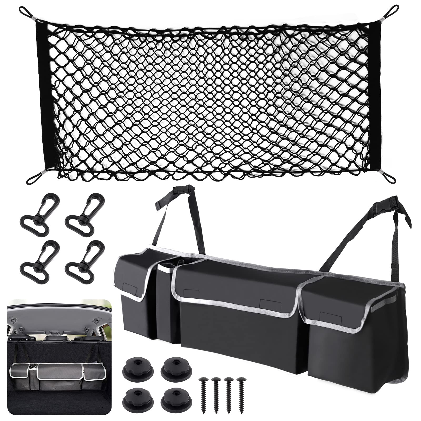 14Pcs Car Storage Accessories Includes Adjustable Elastic Mesh Cargo Nets, Hooks, Screws and Collapsible Trunk Organizer with Compartments for Universal Vehicle