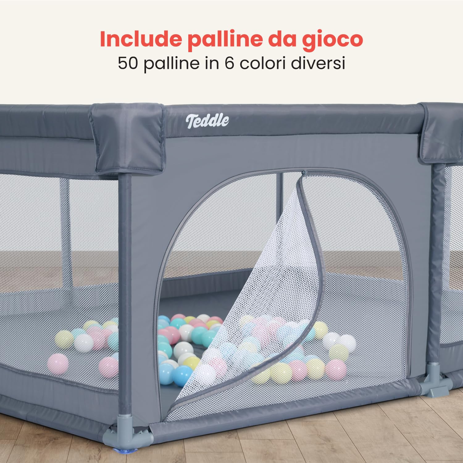 Box Bambini – Incluso Tappeto da Gioco Double-Face - Recinto per Bambini con 50 Palline – 180 x 150 cm – Box Neonato Per Uso Interno ed Esterno – Box per Bambini (Grigio, 180x150cm)