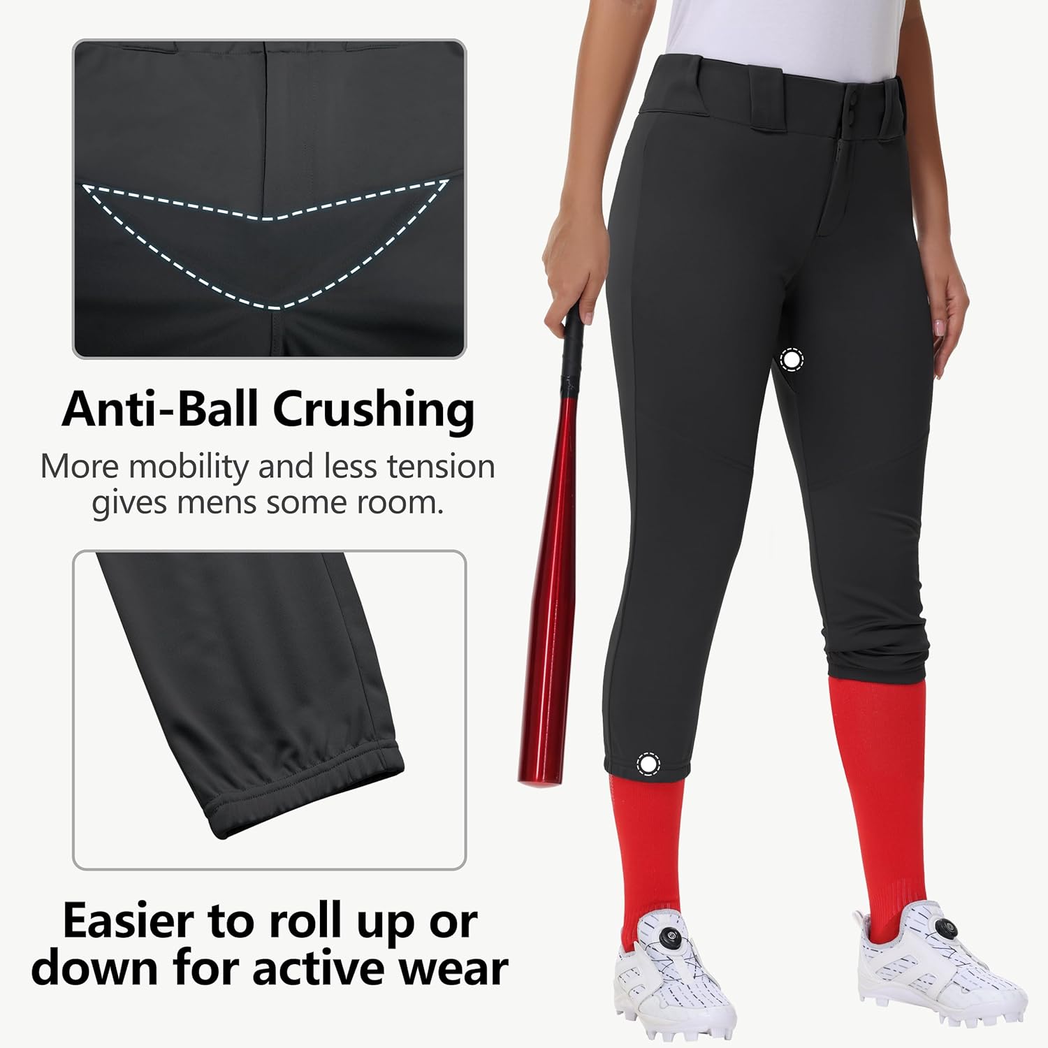 Women's Utility Softball Pants - Woman Adult Tweeners Low Rise 3/4 Leg Track Pants Dual-Layer Knee Youth Girls - Image 3