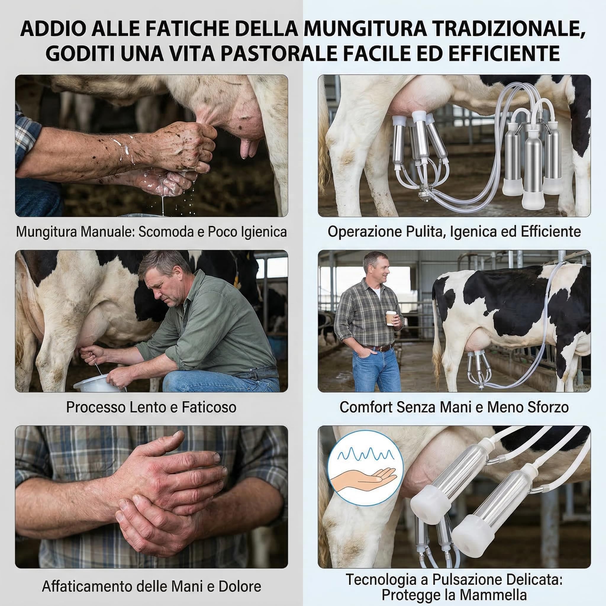 Mungitrice per mucche, 【KOUBHYJ 12L Attrezzatura per la Mungitura】[Integrato-Caricabile e collegabile-Massaggio pulsante]con Secchio in Acciaio Inox 4 Tettarella In Gomma per Mucche