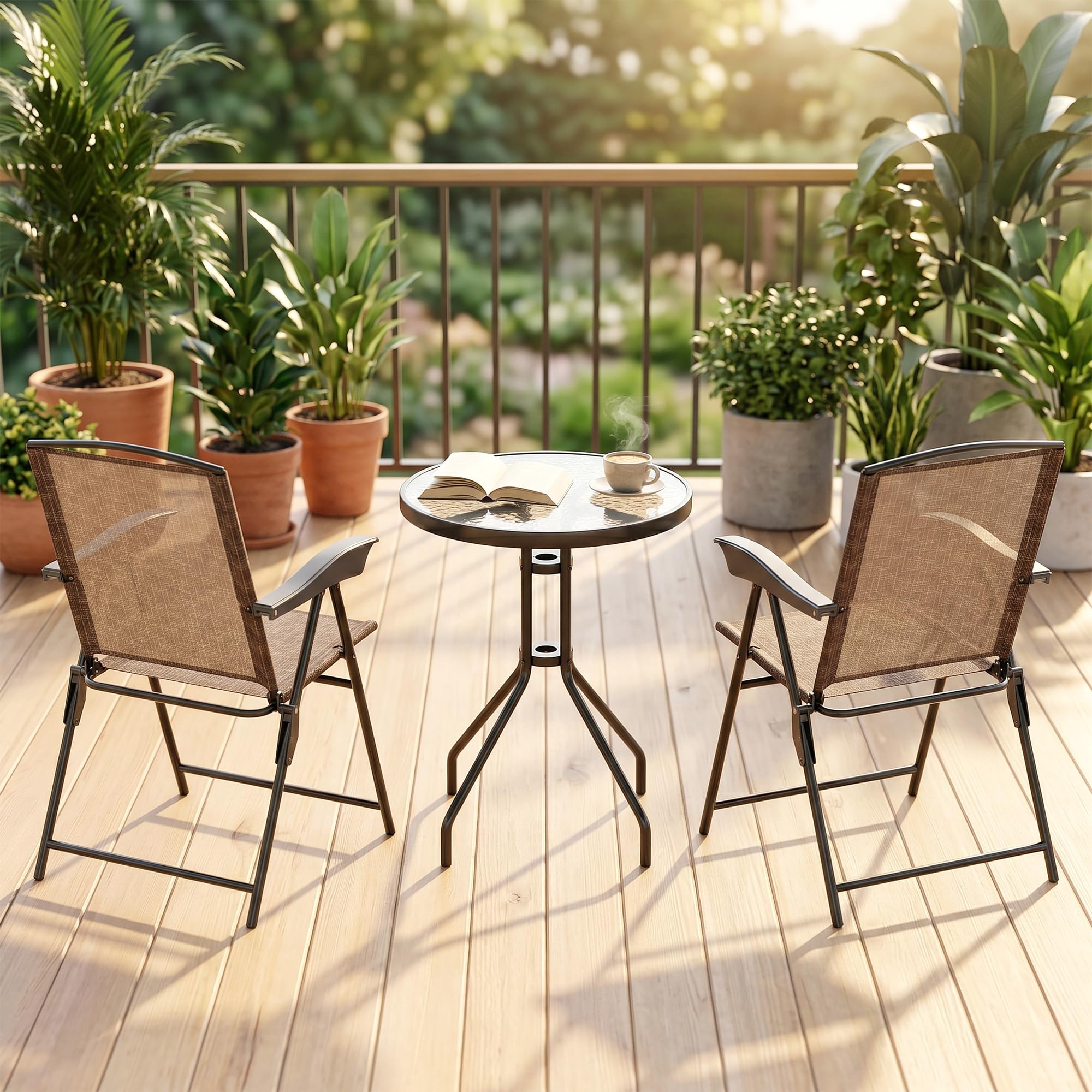 Outsunny Tavolino con 2 Sedie Set Mobili 3pz Pieghevole Regolabile Esterno Textilene Marrone