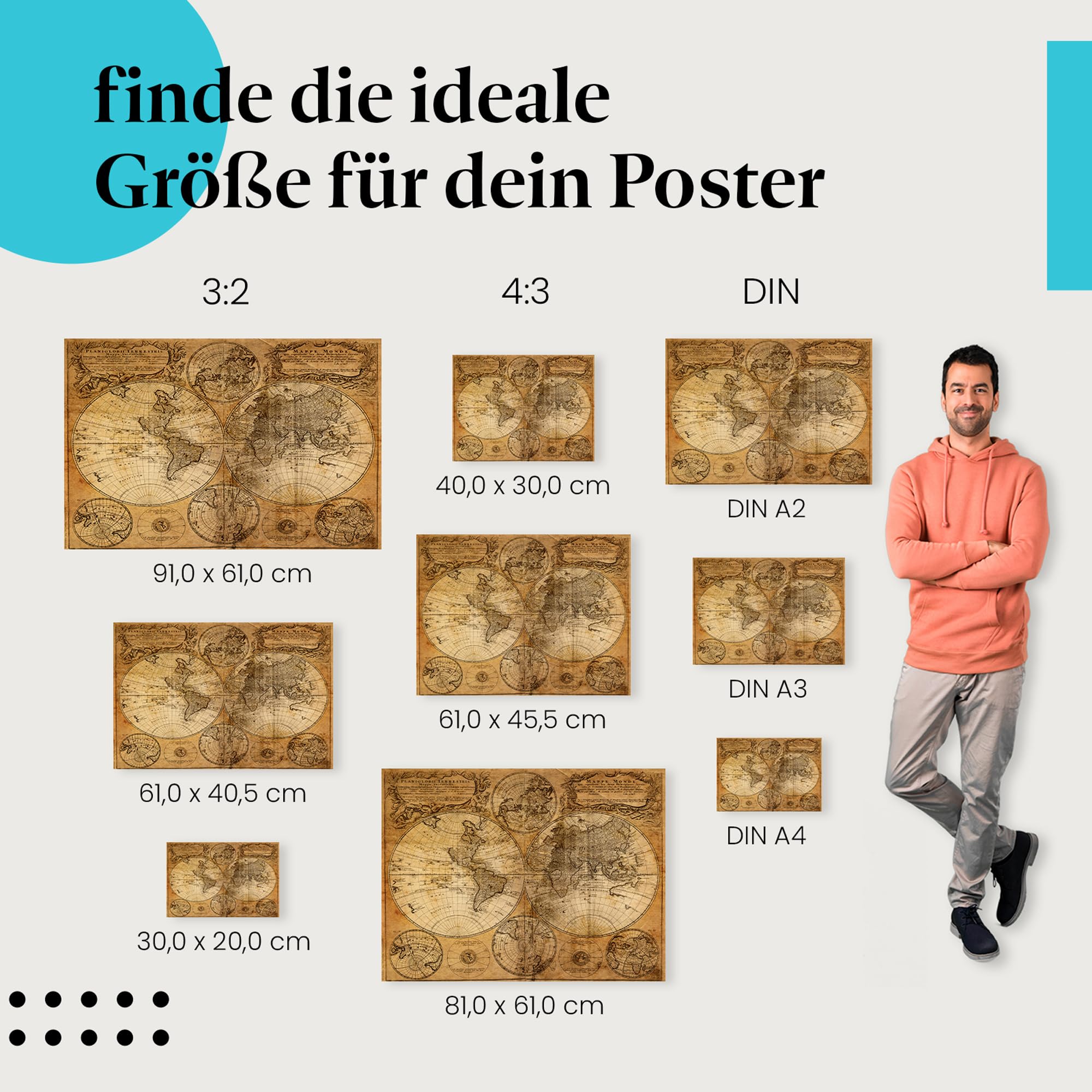 Postereck - 0274 - Alte Weltkarte, Erde Kontinente Karte Vintage - Unterricht Klassenzimmer Schule Wandposter Fotoposter Bilder Wandbild Wandbilder - Leinwand - 100,0 cm x 75,0 cm