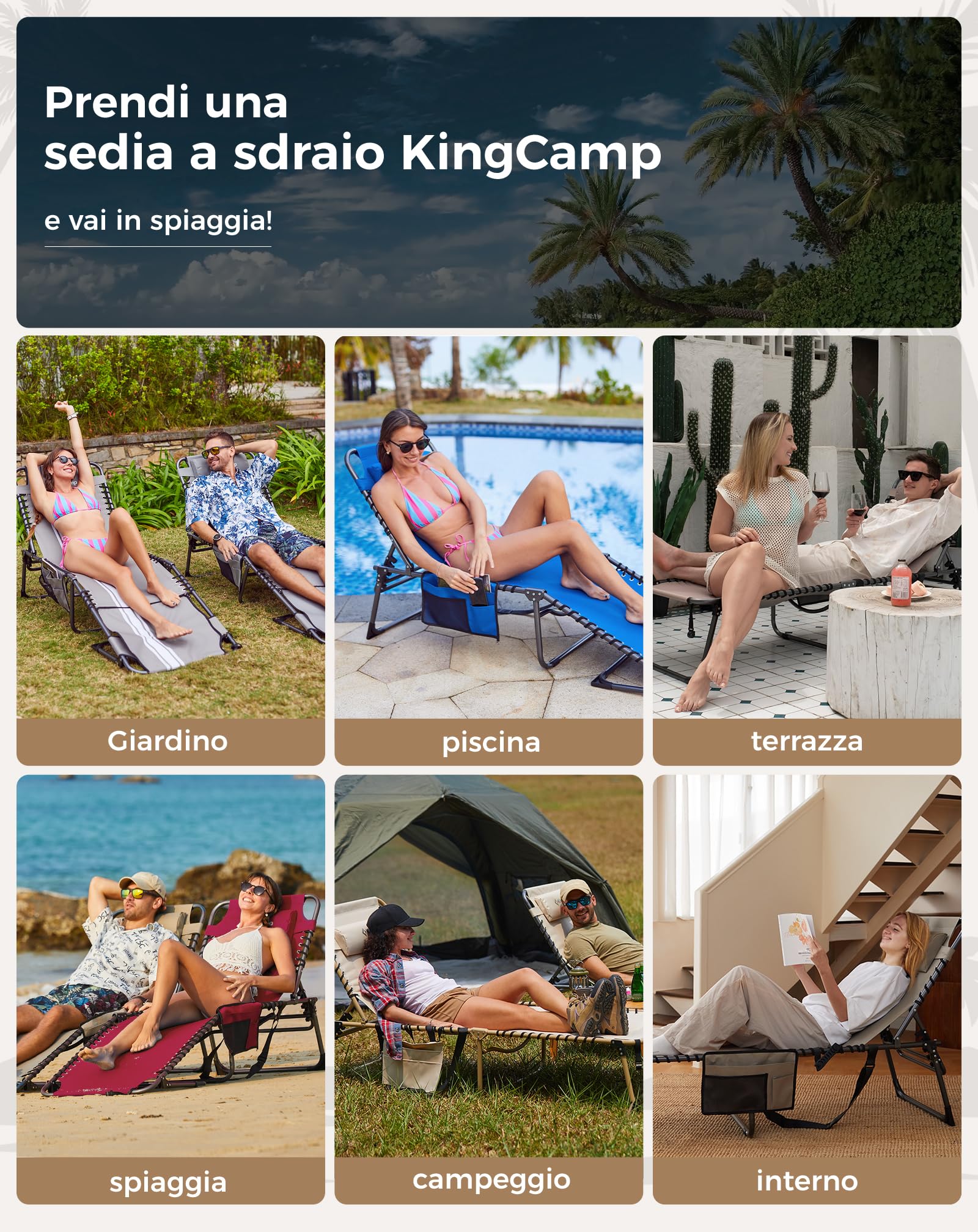 KingCamp Sedia a sdraio pieghevole con schienale regolabile in 5 posizioni, sdraio da giardino, sdraio da spiaggia, campeggio, lettino pieghevole con cuscino per la spiaggia, il giardino, la terrazza