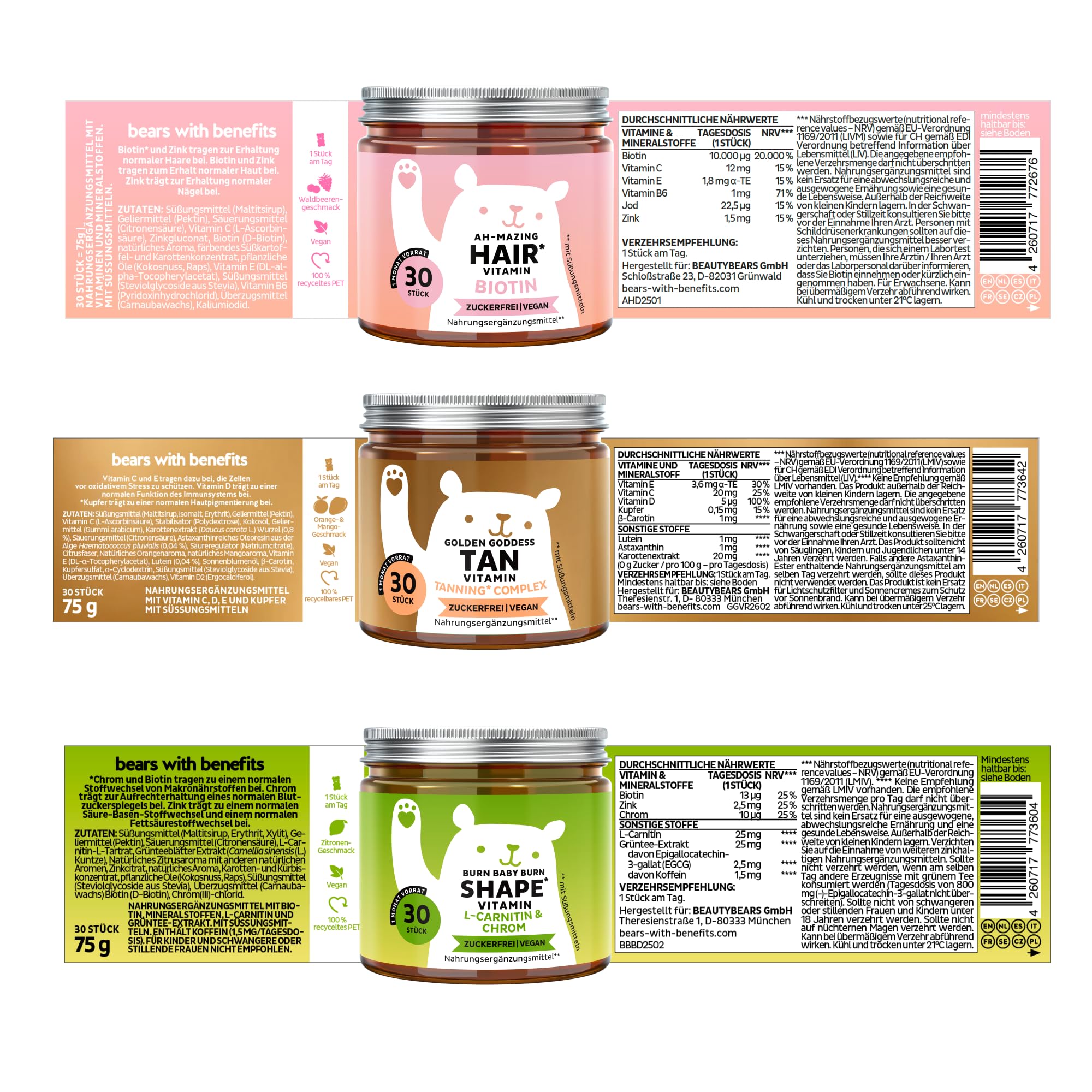 Trio – Für Haare, Bräune und Figur – Dreifach-Schönheitswirkung - Biotin für Haare, Kupfer für Hautpigmentierung, Chrom für Stoffwechsel – 3 x 30 Stück - Zuckerfrei – Bears with Benefits | Gummichärchen mit Biotin für Haare, Kupfer für Hautpigmentierung,