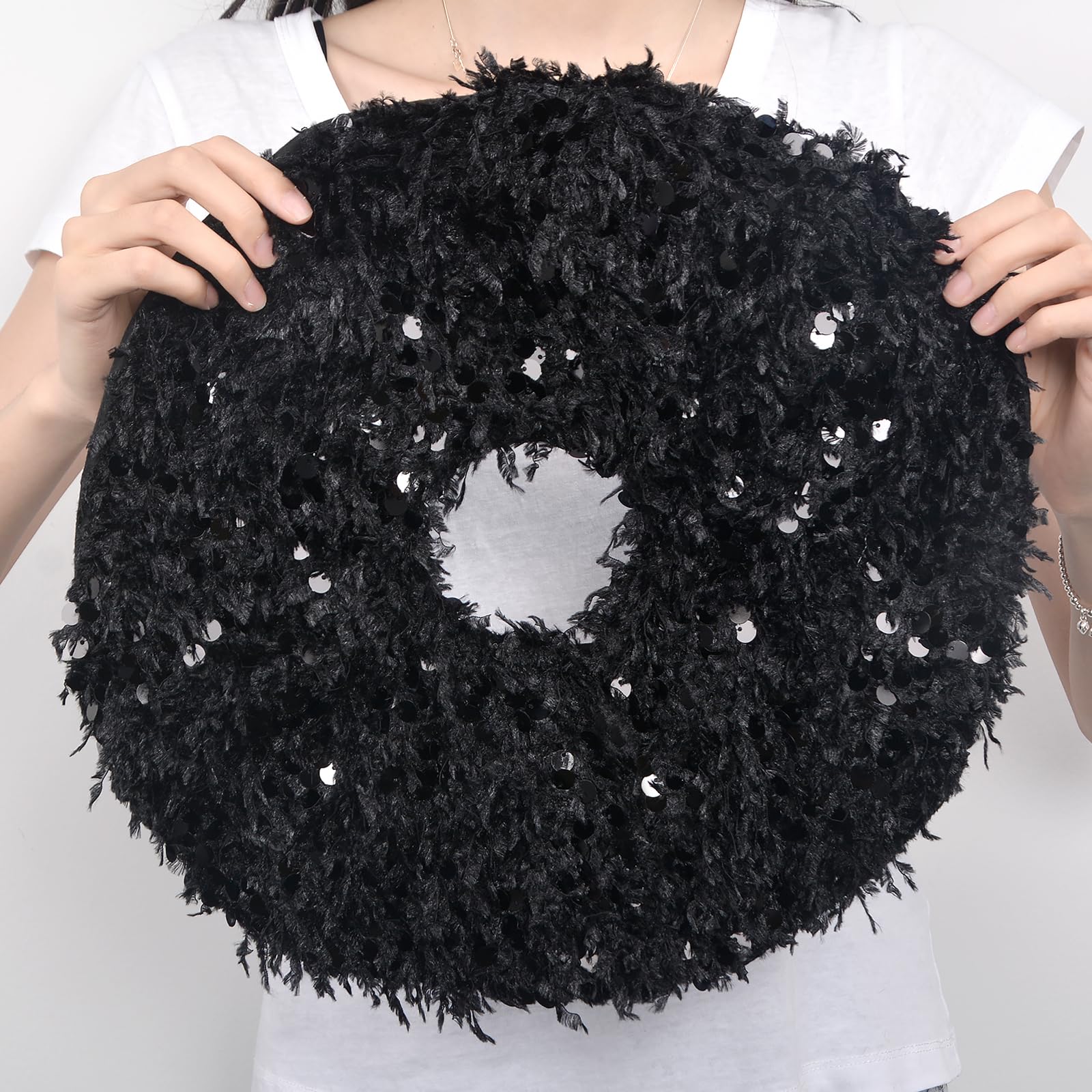 Black Faux Fur Christmas Tree Skirt 24 Inch, Mini Sparkly Furry Xmas Tree Rug Decor With Sequins, Christmas Decoration Ornaments for 4 Ft Tabletop Pencil Slim Tree