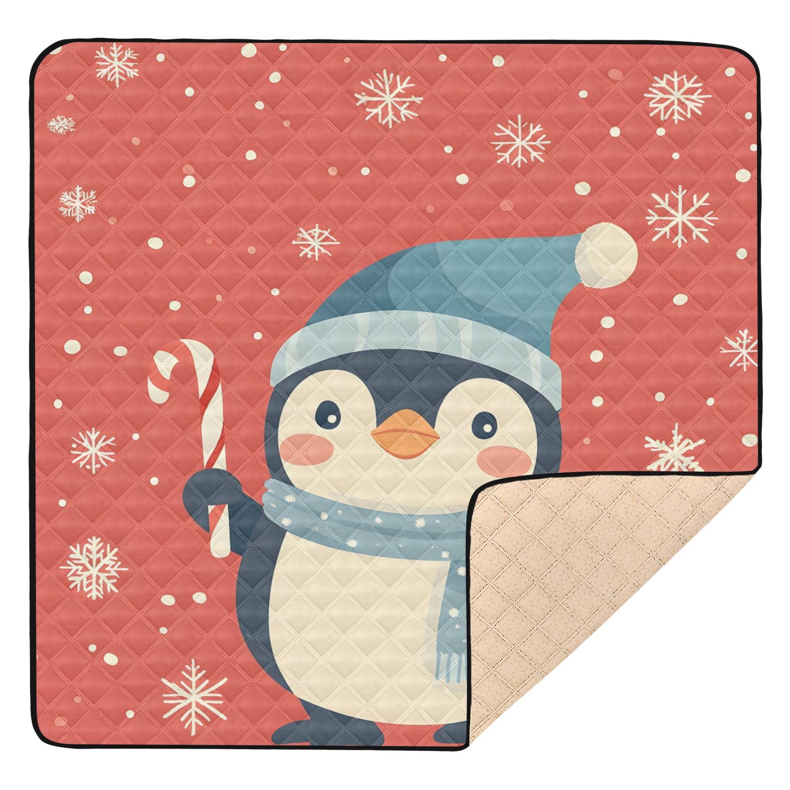BOESI Cute Penguin and Snowflake Pattern Baby Play Mat, 50“ X 50” Washable Folding Crawling Mat, Baby Floor Mat, Soft, Thick, Non-Slip