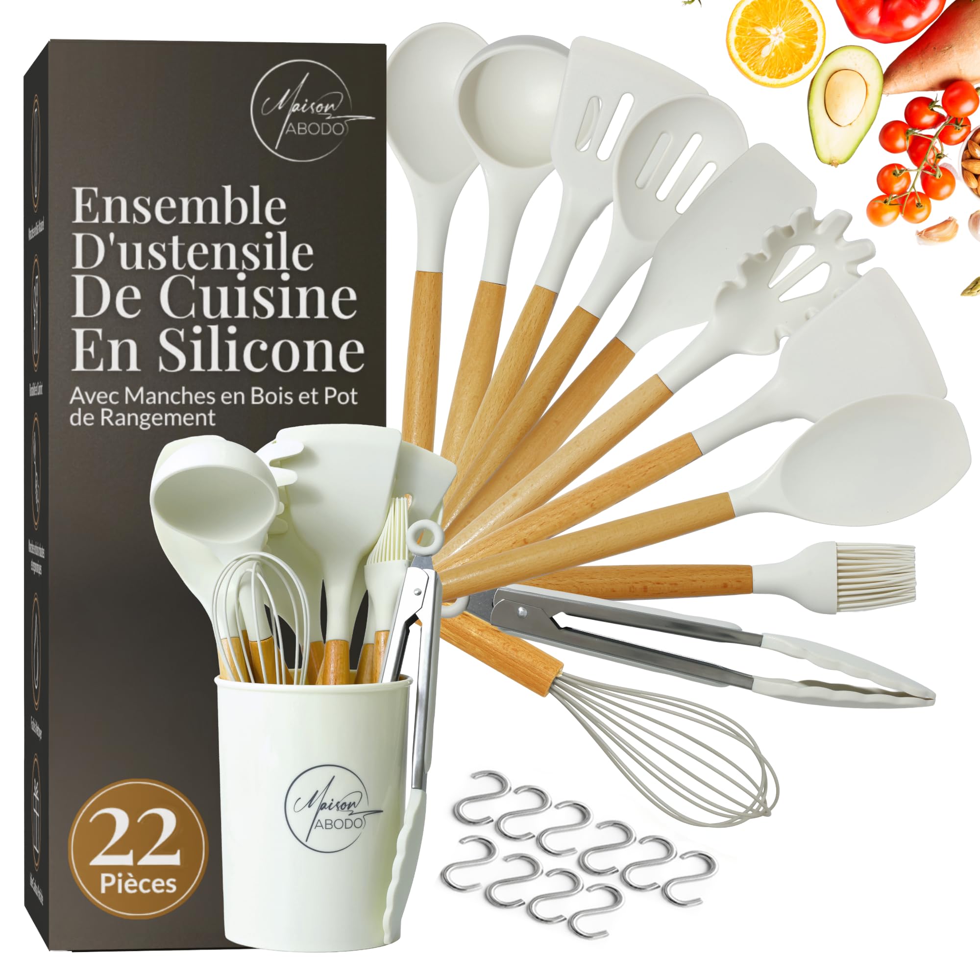 Ustensiles de Cuisine en Silicone, 22 PCS Set Ustensile Cuisine sans BPA, Kit d'Ustensiles de Bois, Antiadhésive Set avec Pot de Rangement - Blanc