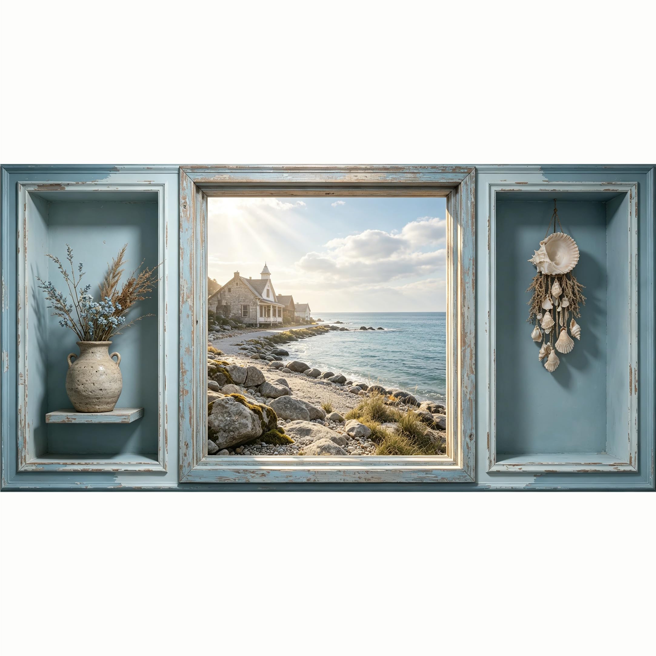 QZLITHOTIC 50x100cm 3D Framed Wall Art， Coastal Seaside Cottage Landscape Self‑Adhesive Mural， Water‑Activated Peel & Stick Fabric Decor Wall Decal for Bedroom Living Room