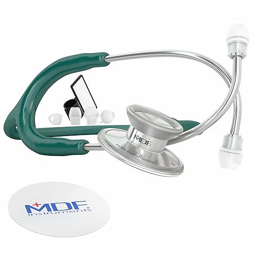 MDF Instruments, Acoustica Lightweight Stethoscope for Doctors, Nurses, Students, Home Health Use, Adult, Dual Head, Dark Green Tube, Silver Chestpiece-Headset, MDF747XP09 - Silver - Dark Green