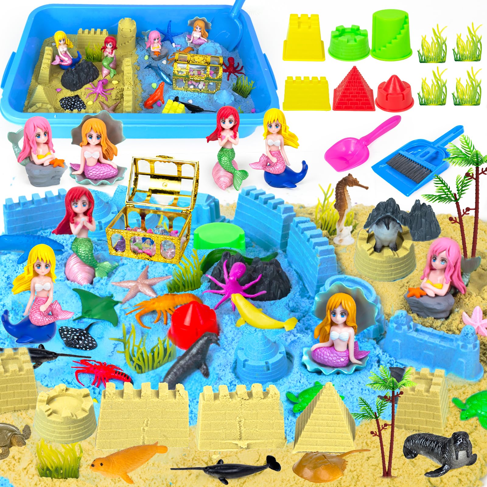 Tcvents 57Pcs Mermaid Sensory Bin Toys, Ocean Sensory Sandbox for Kids Ages 3 4 5 6 7 8 with 2.64lbs Magic Sand, Castle Moulds, 4 Mermaids, 30 Sea Animals- Toddlers Play Sand Art Kits Birthday Gift