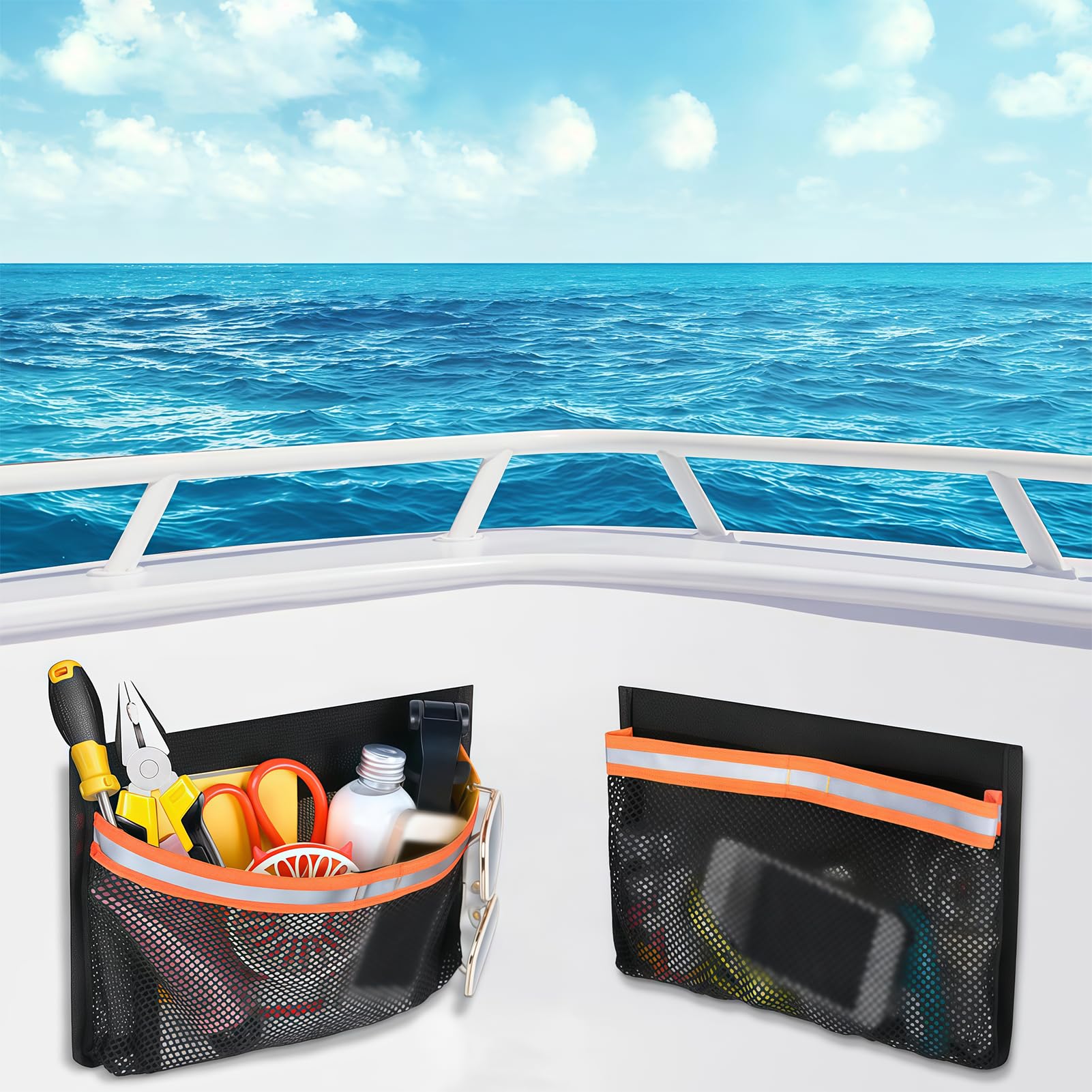 2 Borsa Portaoggetti per Barche da 7.09 x 9.84 Pollici, Borse Autoadesive per Riporre Le Barche con Gancio e Anello di Sicurezza, Rete A Maglie Anti-Perdita per Guanti, Attrezzi