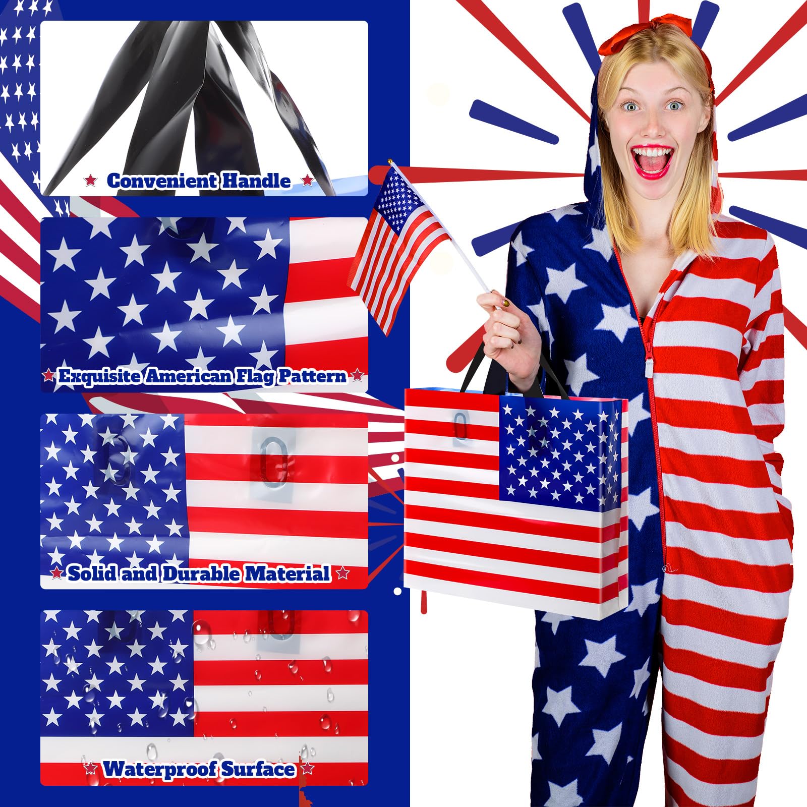 Sweetude 24 Pcs American Flag Plastic Shopping Bag with Handle 10 x 13'' Patriotic Gift Bags for Memorial Day Independence Day Party