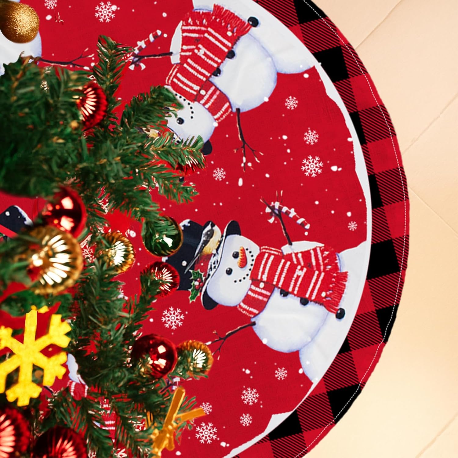 Christmas Tree Skirt 48 Inch Red Tree Skirt with Snowflake and Snowman Printed Red Xmas Tree Skirts Christmas Tree Mat for Home Xmas Holiday Party Winter Indoor Outdoor Decorations Red Black