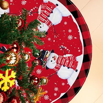 Christmas Tree Skirt 48 Inch Red Tree Skirt with Snowflake and Snowman Printed Red Xmas Tree Skirts Christmas Tree Mat for Home Xmas Holiday Party Winter Indoor Outdoor Decorations