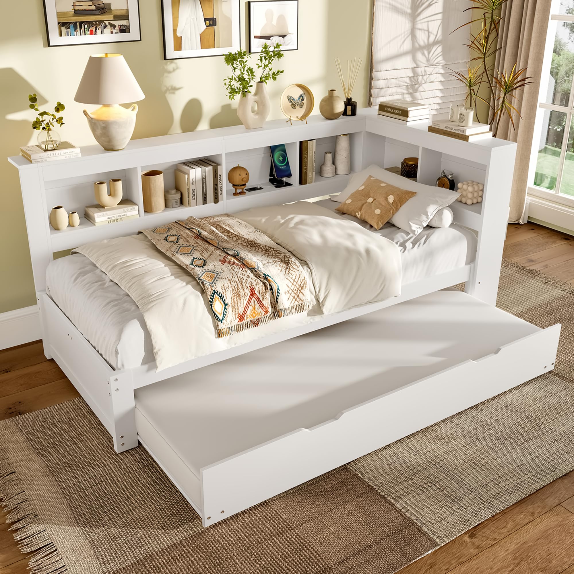 Idemon Letto da giorno con letto estraibile, 90 x 200 cm, divano letto con presa integrata e 2 porte USB, inclusa rete a doghe, letto per gli ospiti salvaspazio, bianco (senza materasso) (90 x 200 cm)