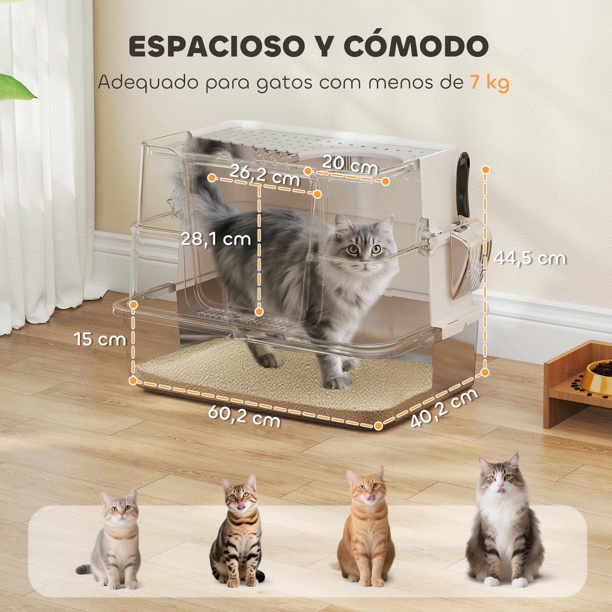PawHut Arenero para Gatos Acero Inoxidable XL Gatos Grandes Gris Claro | Caja de Arena, Arenero con Tapa Abatible, Laterales Altos, Entrada Superior, Pala, sin Olores, Fácil de Limpiar, Antifugas