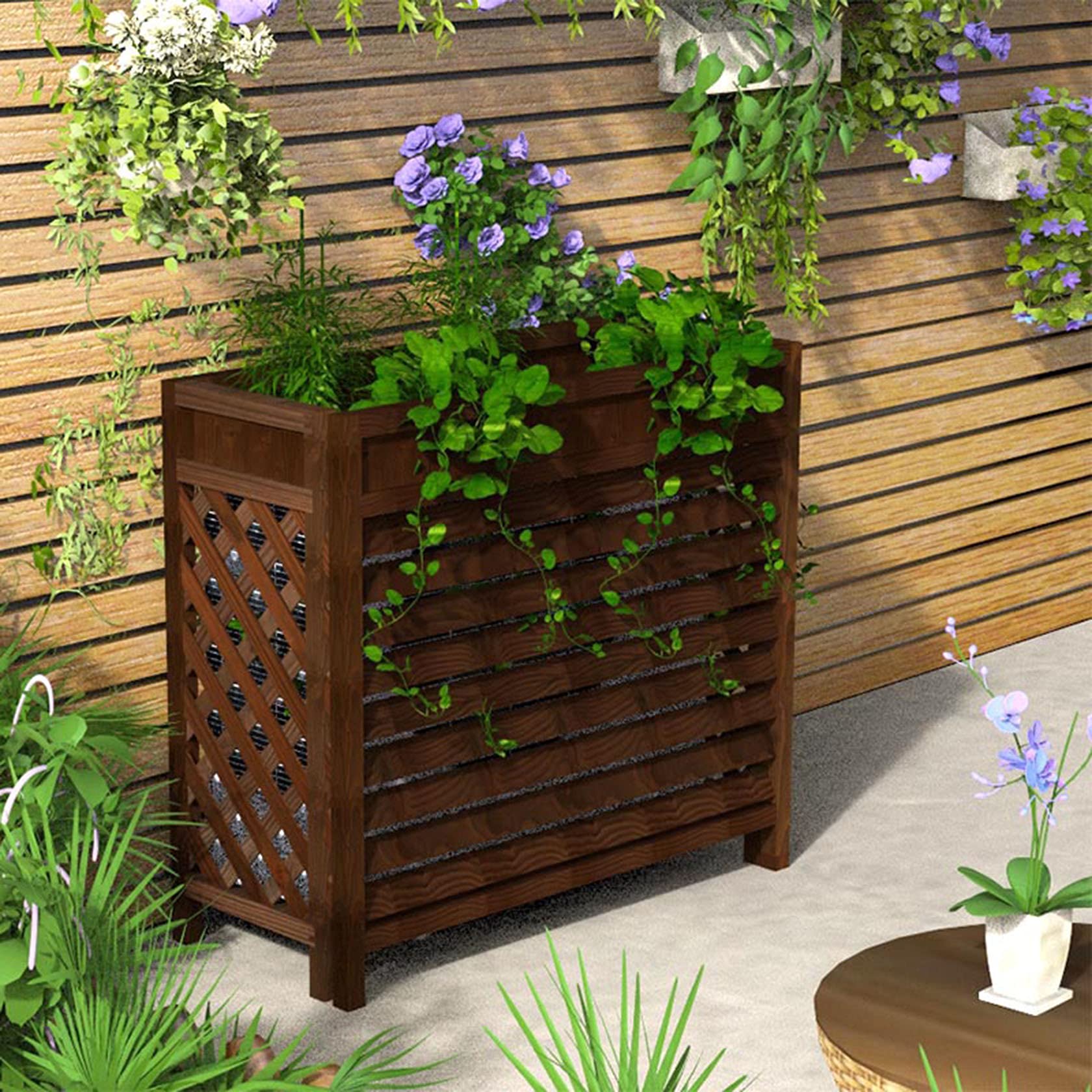 Drewniany stojak na klimatyzator na zewnątrz i osłona z litego drewna schronienie i stojak na kwiaty (dł. 88 cm / dł. 111 cm / dł. 101 cm) stylowa ochrona dla jednostek