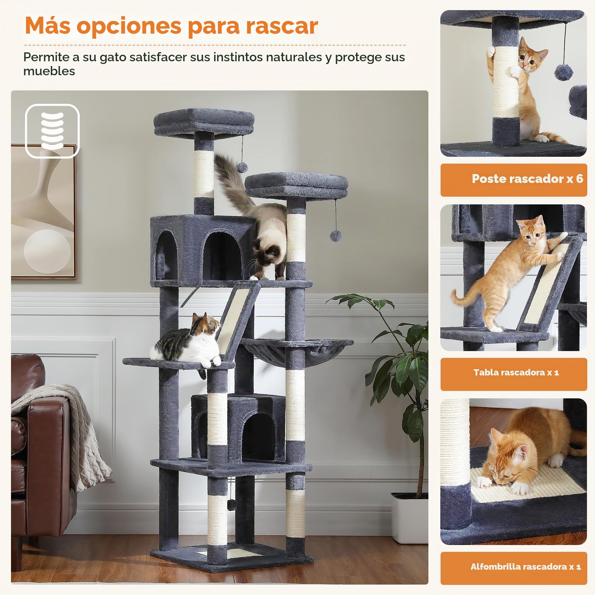 PETEPELA Árbol rascador grande, de 180 cm, para gatos grandes, con 6 columnas de sisal, 2 tablas para rascar, 2 plataformas, 1 hamaca, 2 pelotas de juego, tela de felpa, gris oscuro