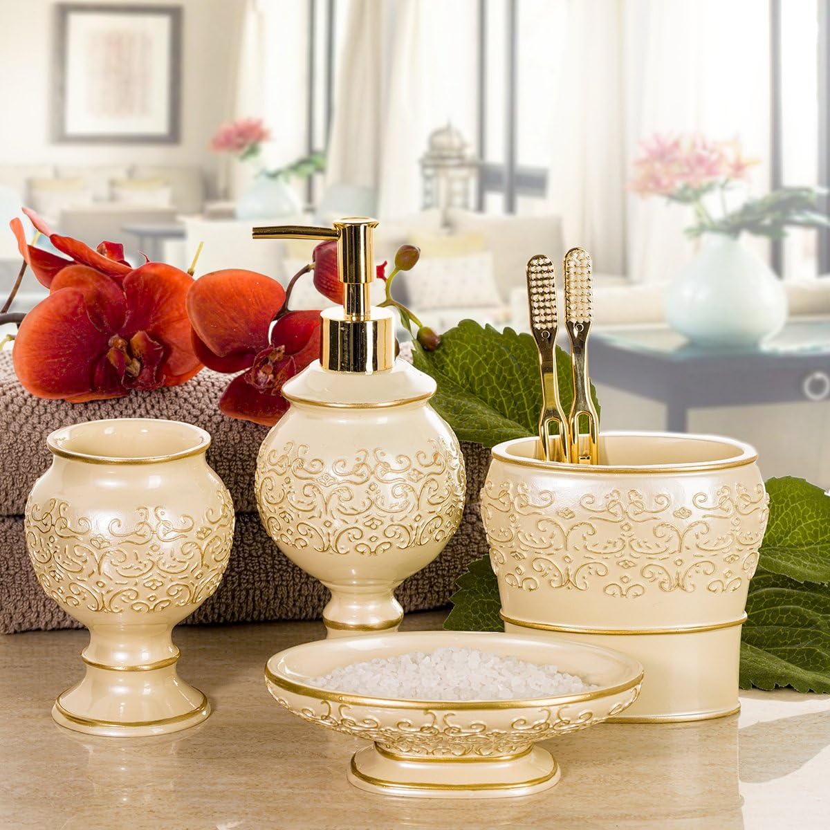 Creative Scents Shannon Hand Soap Dispenser for Bathroom - Decorative Beige and Gold Countertop Modern Lotion Dispenser with Durable Metal Lotion Pump - Elegant Bathroom Decor - Image 3