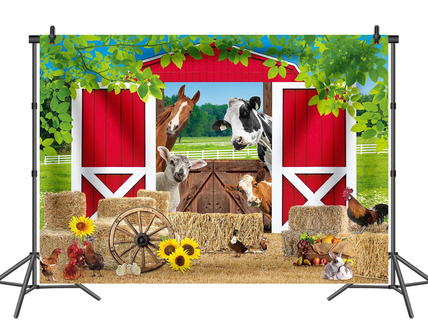 Toile de fond rouge de 2,4 x 1,8 m - Motif ferme - Animaux rustiques - Herbe verte - Décoration de fête