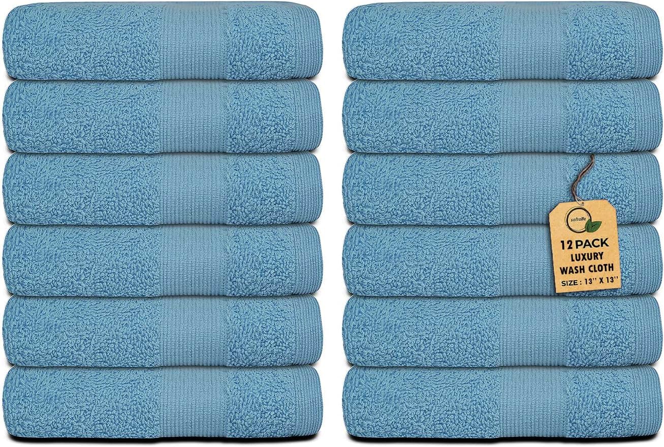 Premium Wash Cloths Pack of 12 (13" x 13") 100% Ring Spun Cotton | Luxury Washcloths | Ultra Soft Face Towels | Highly Absorbent Wash Cloths for face (Sky Blue)