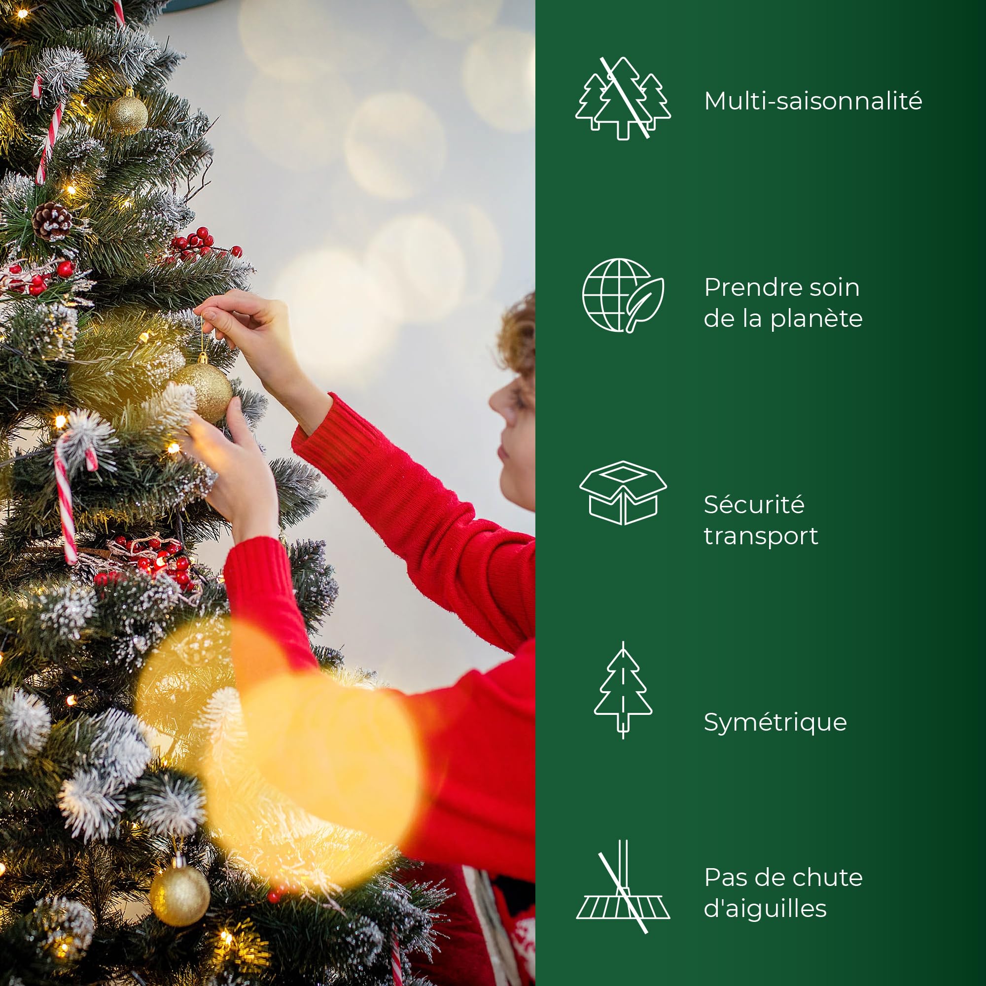 KADAX Sapin de Noël artificiel avec givre et cônes 220 cm, sapin vert avec 521 branches, env. 120 cm, pin en PVC avec support en plastique (renne 220 cm)