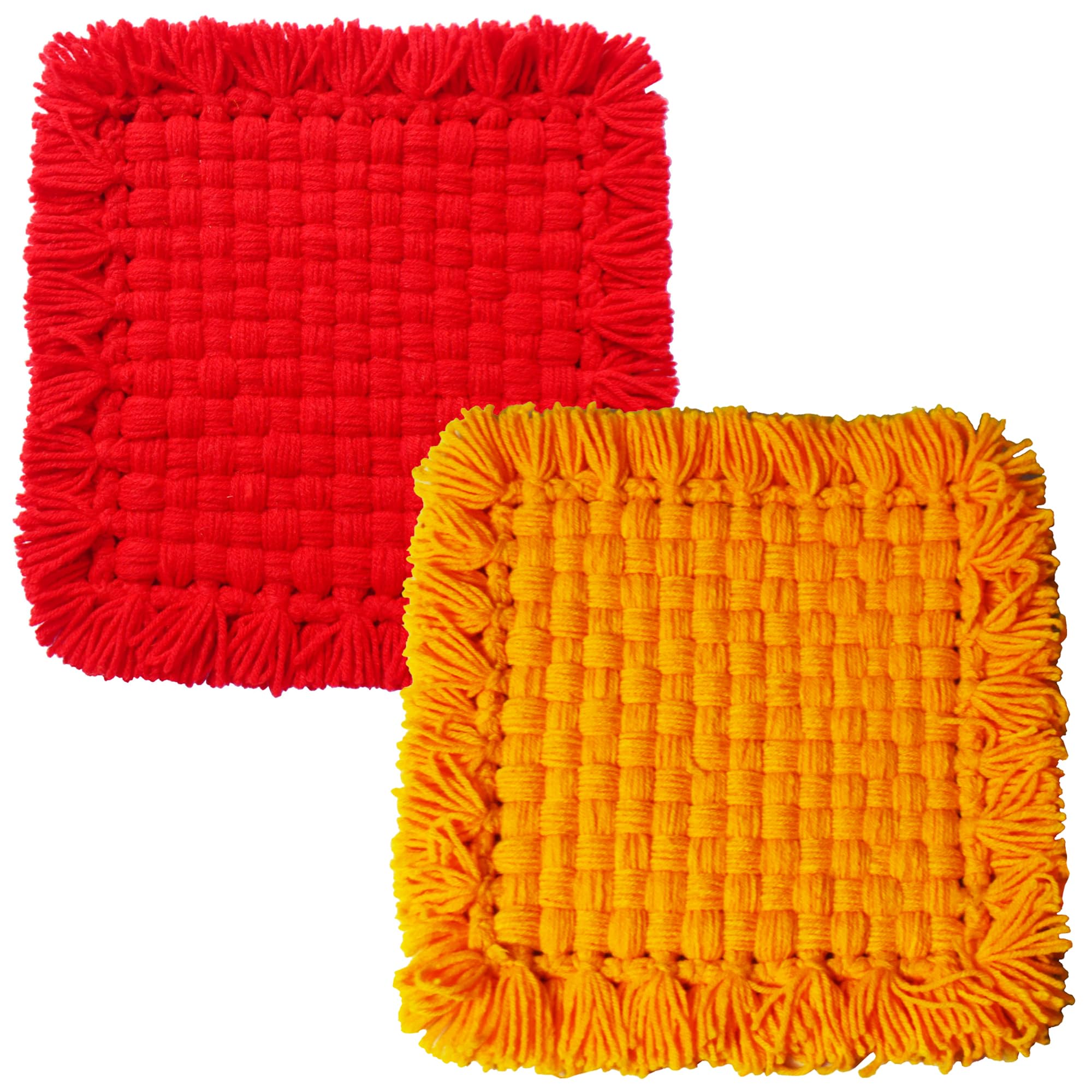 CRM TRADERS Handcraft Decorative Woolen Pooja Asan for Temple Idol 21 x 22 CM (Red and Yellow)-image-14