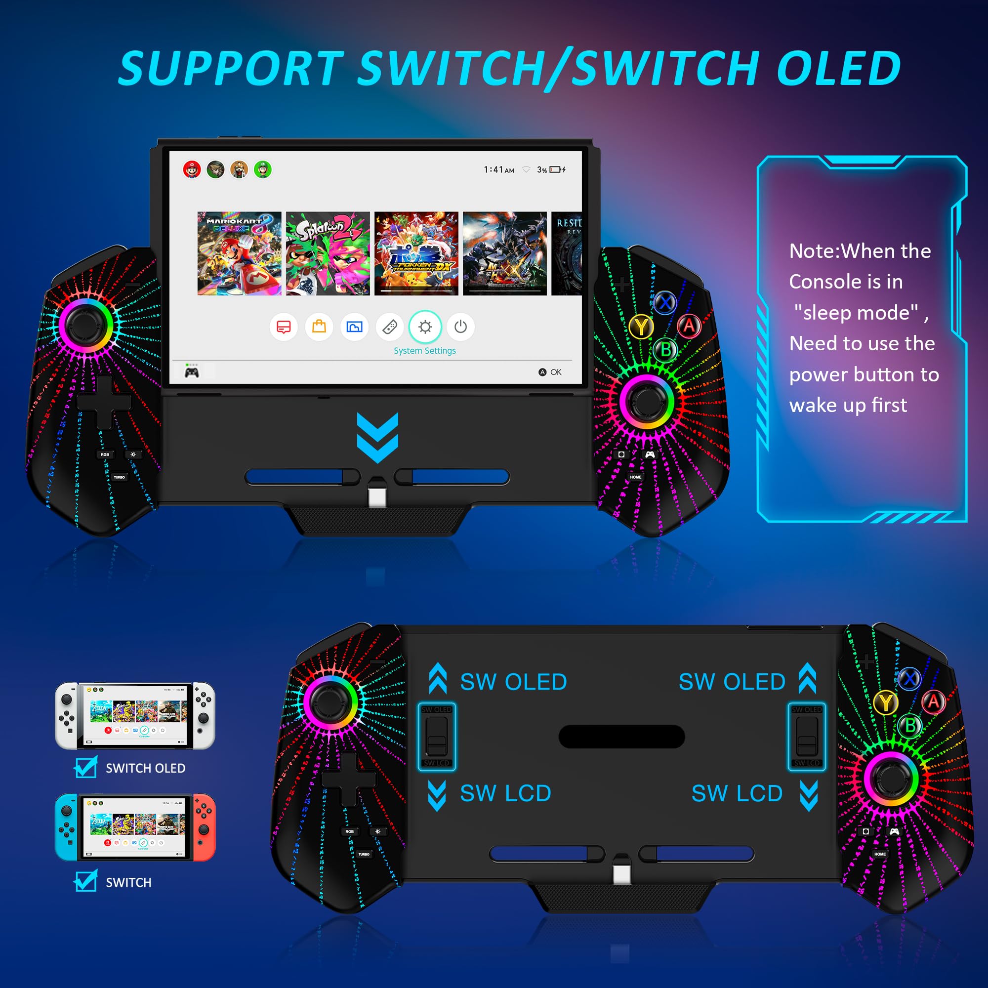 Verbesserter Hall-Effekt-Joystick-Switch-Controller für Nintendo Switch/OLED, kein Drift, kabelgebundener Pro-Controller mit LED-Beleuchtung, Spielkartenspeicher & ergonomischem Griff