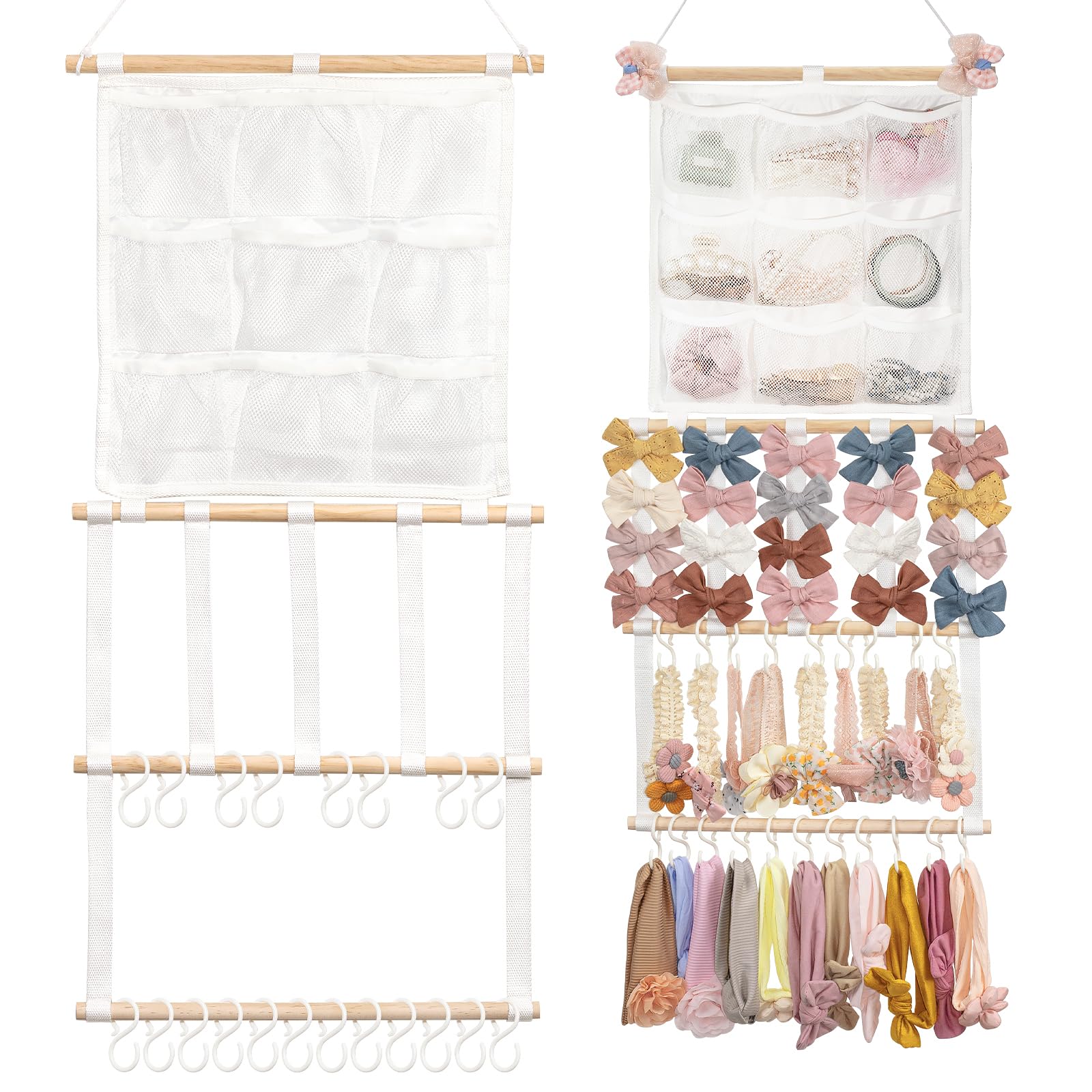 Wepormox Headband Holder for Baby Girls Upgrade Baby Girls Wall Hanging Mesh Headband Organizer Head Bands Toddler Hair Storage Accessories Display Organizer Decor bags on top White