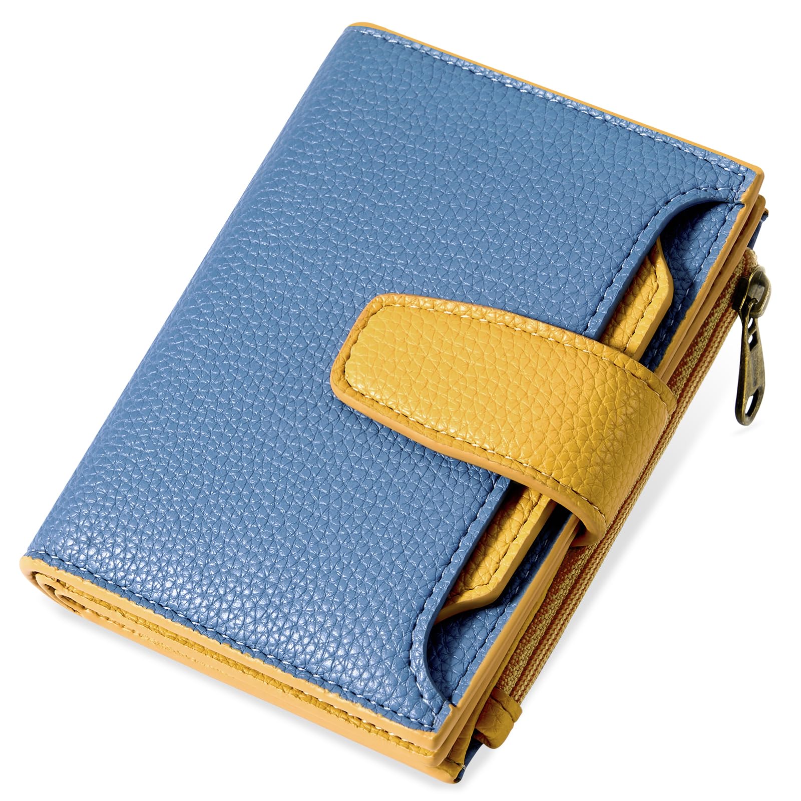 Airkit Wallet Women, Small Wallet for Women Leather, Ladies Bifold Compact RFID Blocking Credit Card Holder, Girls Mini Travel Purse, Pocket Passport Wallet with 4 ID Window, Colorblock - Blue/Yellow-image-13