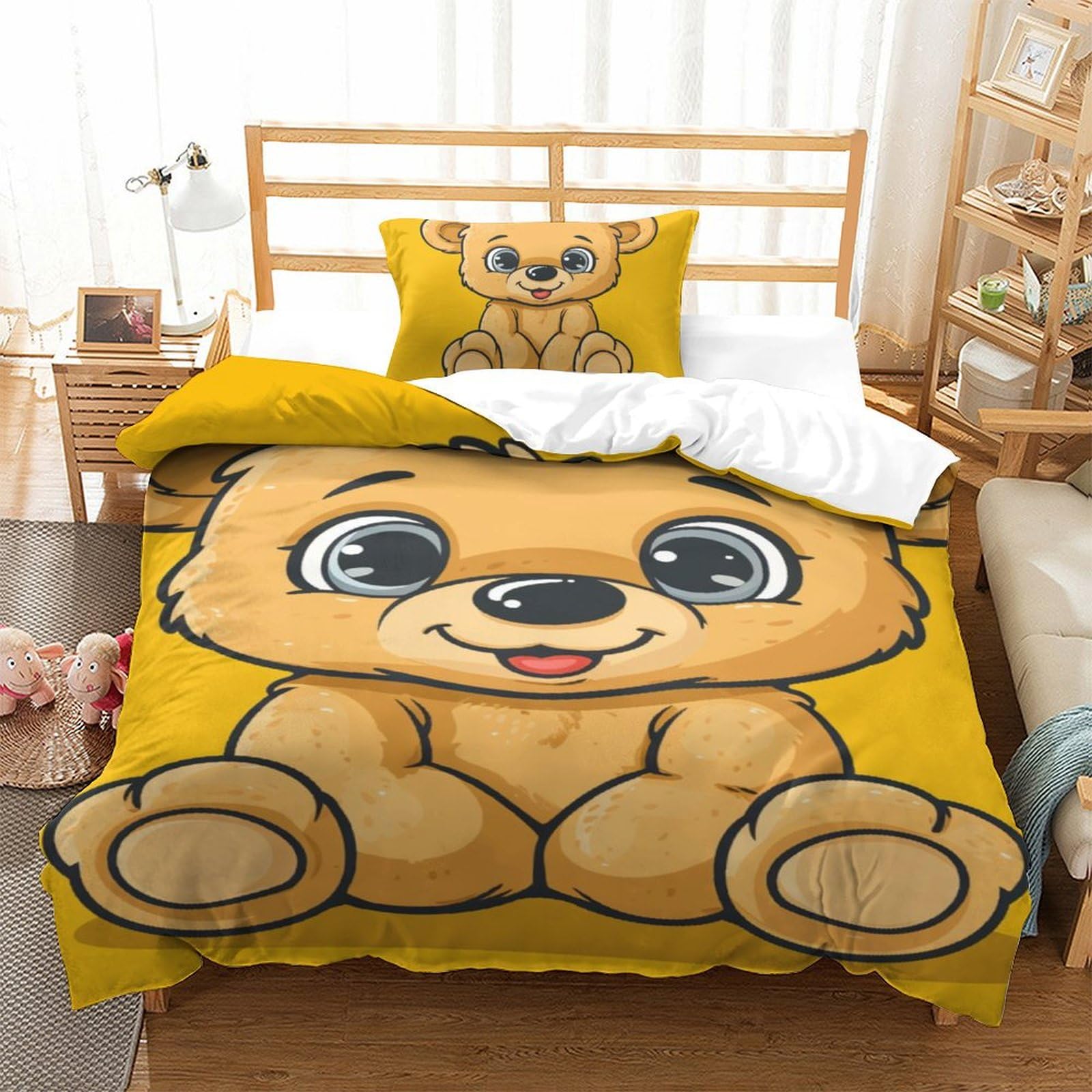 Housse de couette ours 3D 135x200 microfibre avec taie d'oreiller