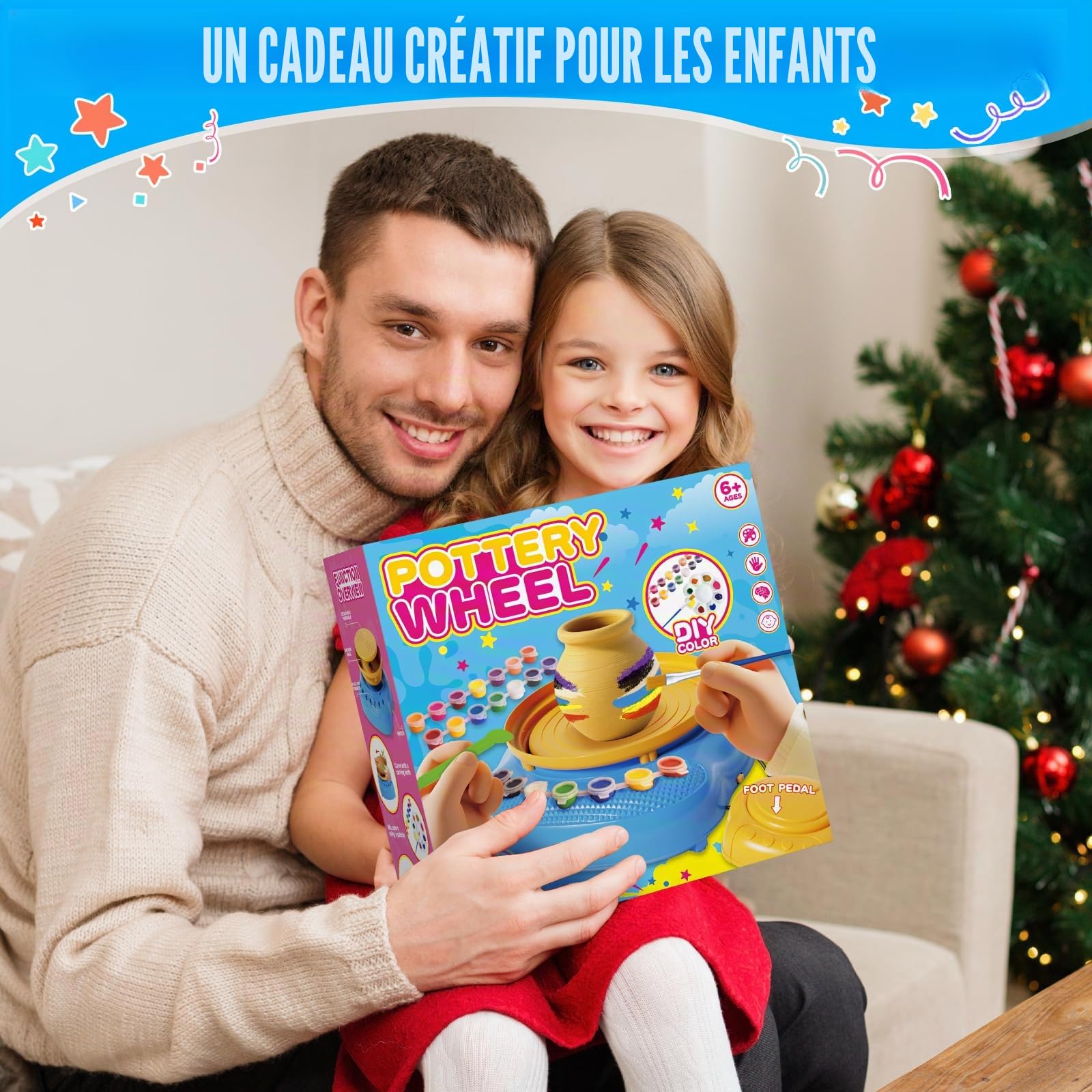 Tour de Poterie Enfant 6-12 Ans, Kit Poterie avec Argile | Kit loisir créatif DIY avec 3 argiles autodurcissantes, 14 peintures, pédale et USB – cadeau pour fille et garçon
