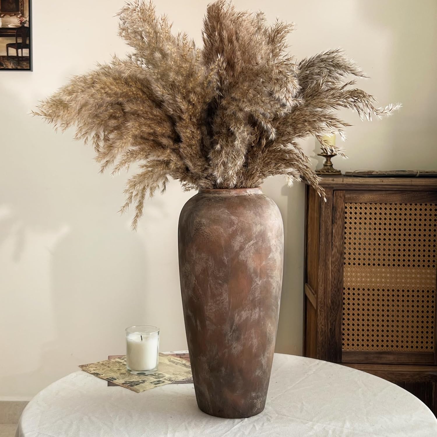 15 Inch Vintage Farmhouse Decor Ceramic Rustic Vase, Handmade Brown Flower Vases for Centerpieces, Living Room & Kitchen Shelf Decorative Pottery Vase for Home Decor Brown Large