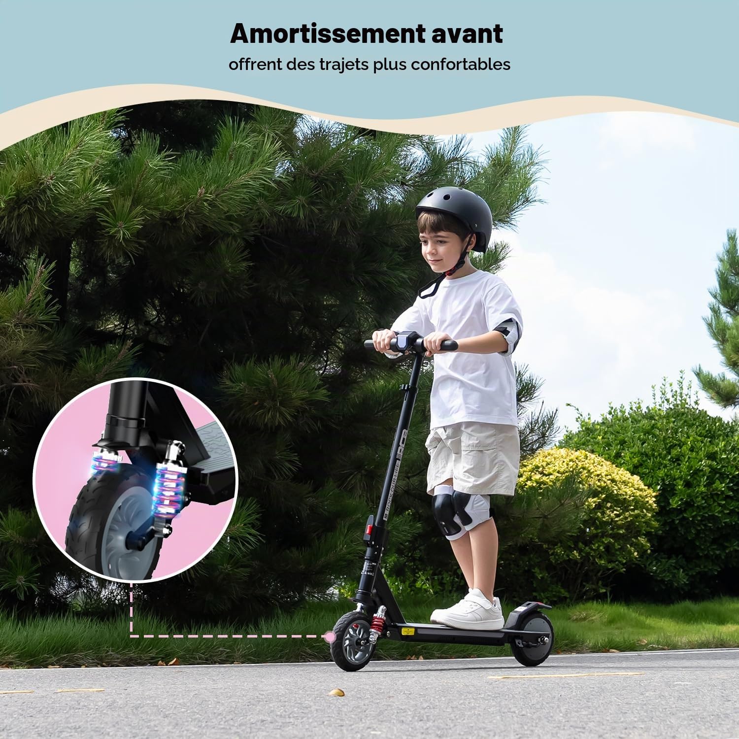 RCB R12 Max Trottinette électrique Enfant âge 6-12 Ans,jusqu'à 18km/h & 15 km,3-Réglage Hauteur,Suspension, 7" Pliable Trottinette Electrique, Lumières colorées, écran LED, Cadeau pour Enfant