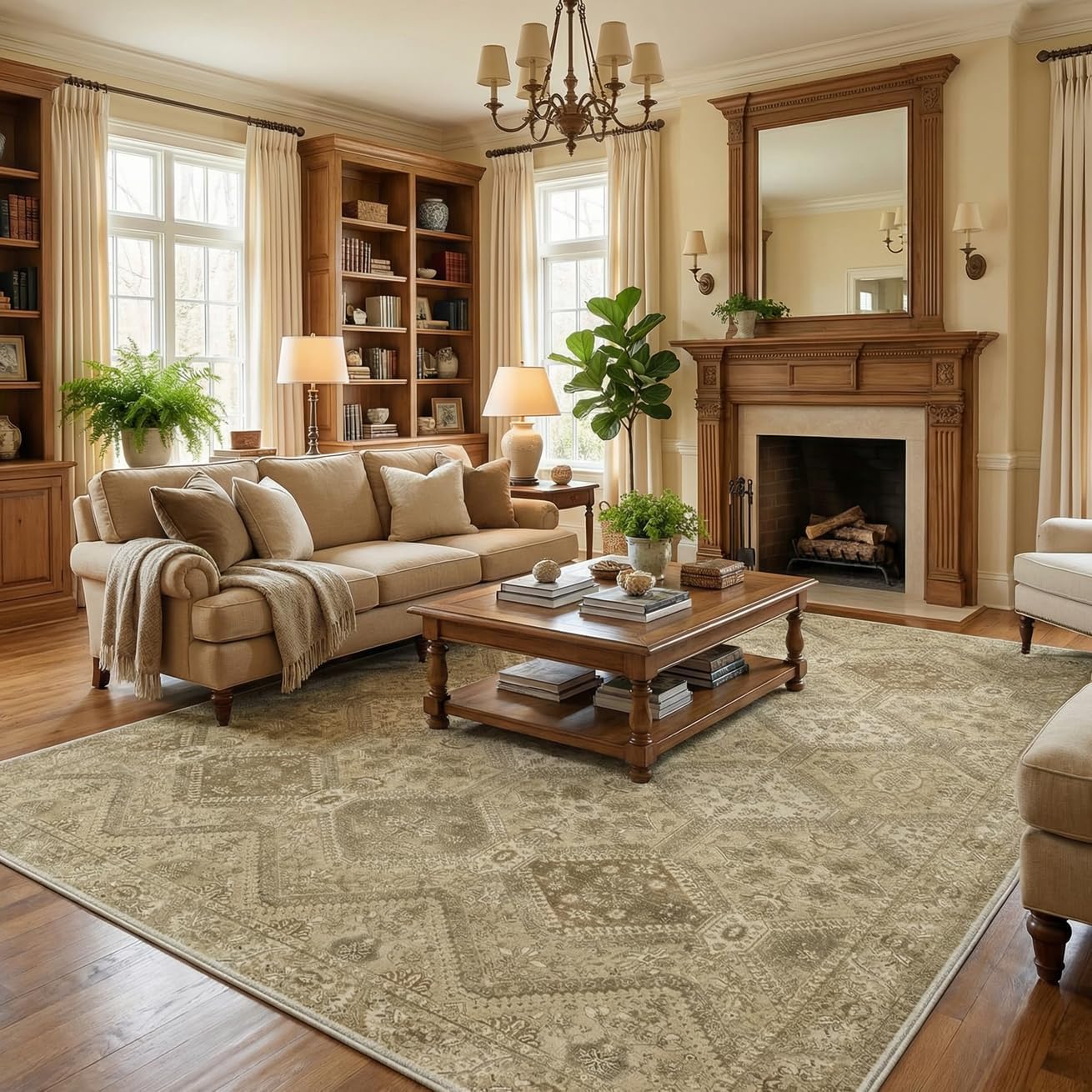 GENIMO 9x12 Area Rugs for Living Room, Machine Washable Non Slip Vintage Rugs, Low Pile Lightweight Print Rug for Bedroom, Dining Room, Home Office, Tan Brown