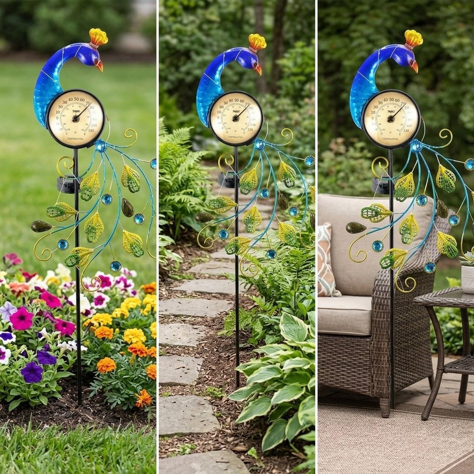 Termometro Da Esterno per Giardino con Luci Solari, in Ferro, con Grazioso in Metallo Alto 107 Cm (42") per Portico, Balcone E Prato.