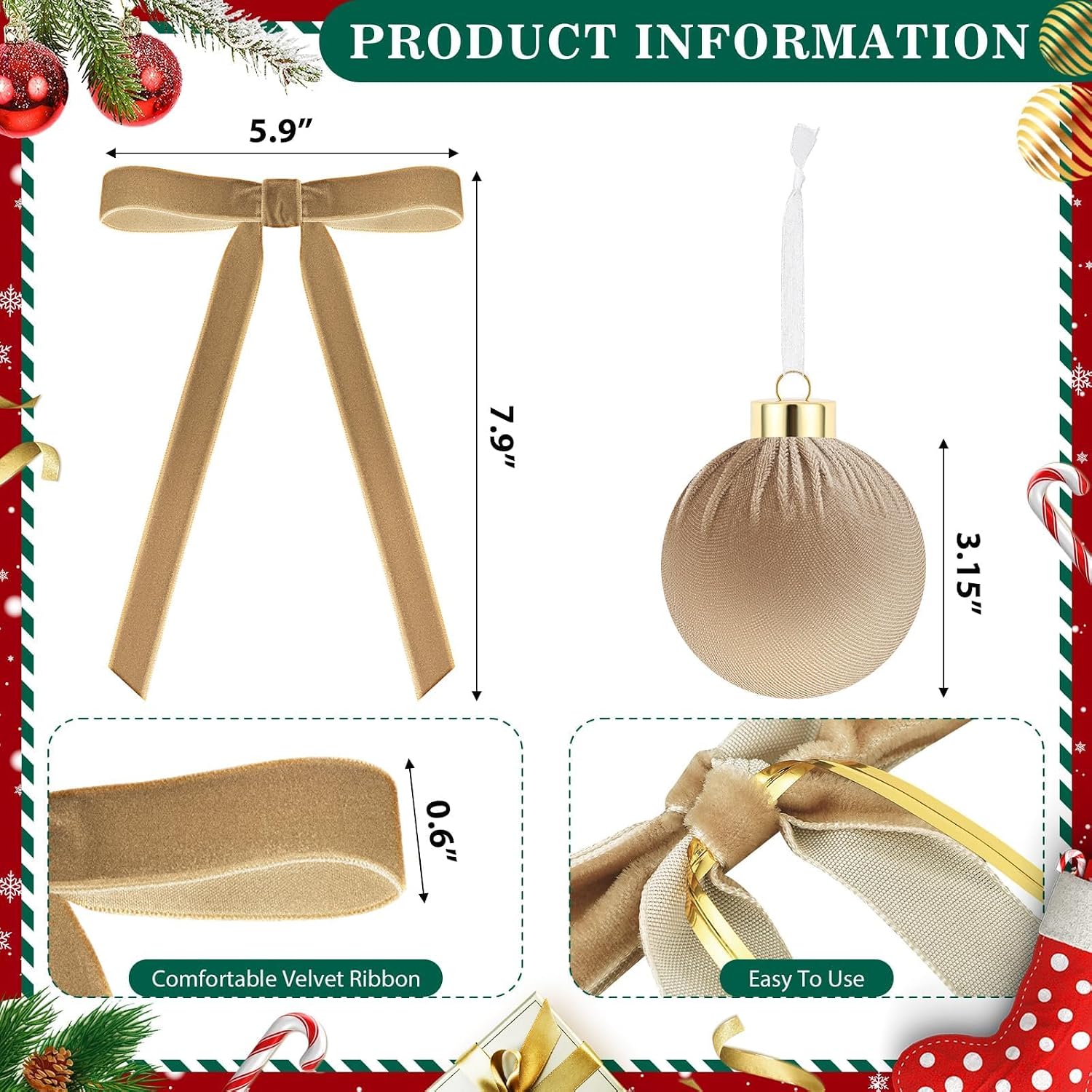 51 Pcs Christmas Khaki Velvet Ornaments 15 Pcs Christmas Tree Decor Balls 3.14 36 Pcs Velvet Vintage Ribbon Bows 5/8 Wide 6 * 8 for Xmas Tree Hanging Decorations Home Indoor Decor (Light Brown)