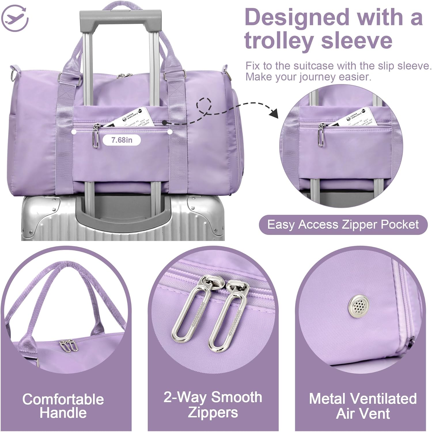 FIORETTO Womens Gym Tote Duffle Bag with Wet Pocket & Shoe Compartment, Sports Duffel Overnight Weekender Hospital Workout Carry on Bag for Girls, Ideal for Travel, Swimming, Dance, Ballet Purple - Image 4