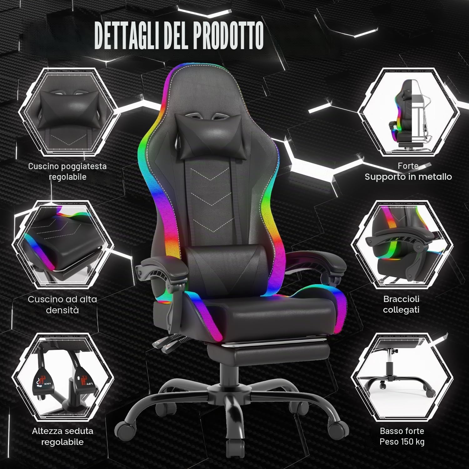 JUMMICO Sedia da gioco con LED, Cool Racing Gamer, sedia ergonomica da ufficio con funzione massaggiante, schienale regolabile 90-135°, con poggiapiedi telescopico, capacità di carico 150 kg, colore