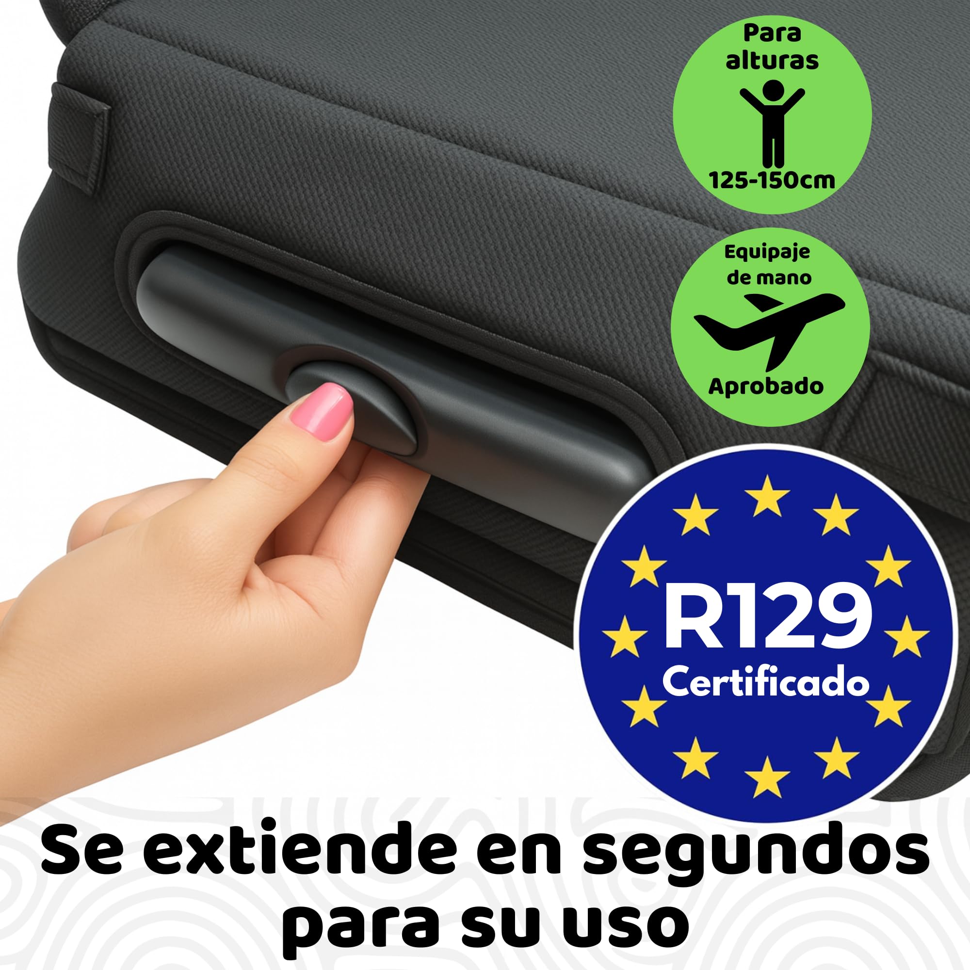 BubbleBum Teleport - Asiento elevador para coche, asiento elevador sin respaldo, asiento telescópico portátil, ideal para uso diario y plegable para viajes, certificado R129, altura de 125 cm a 150 cm