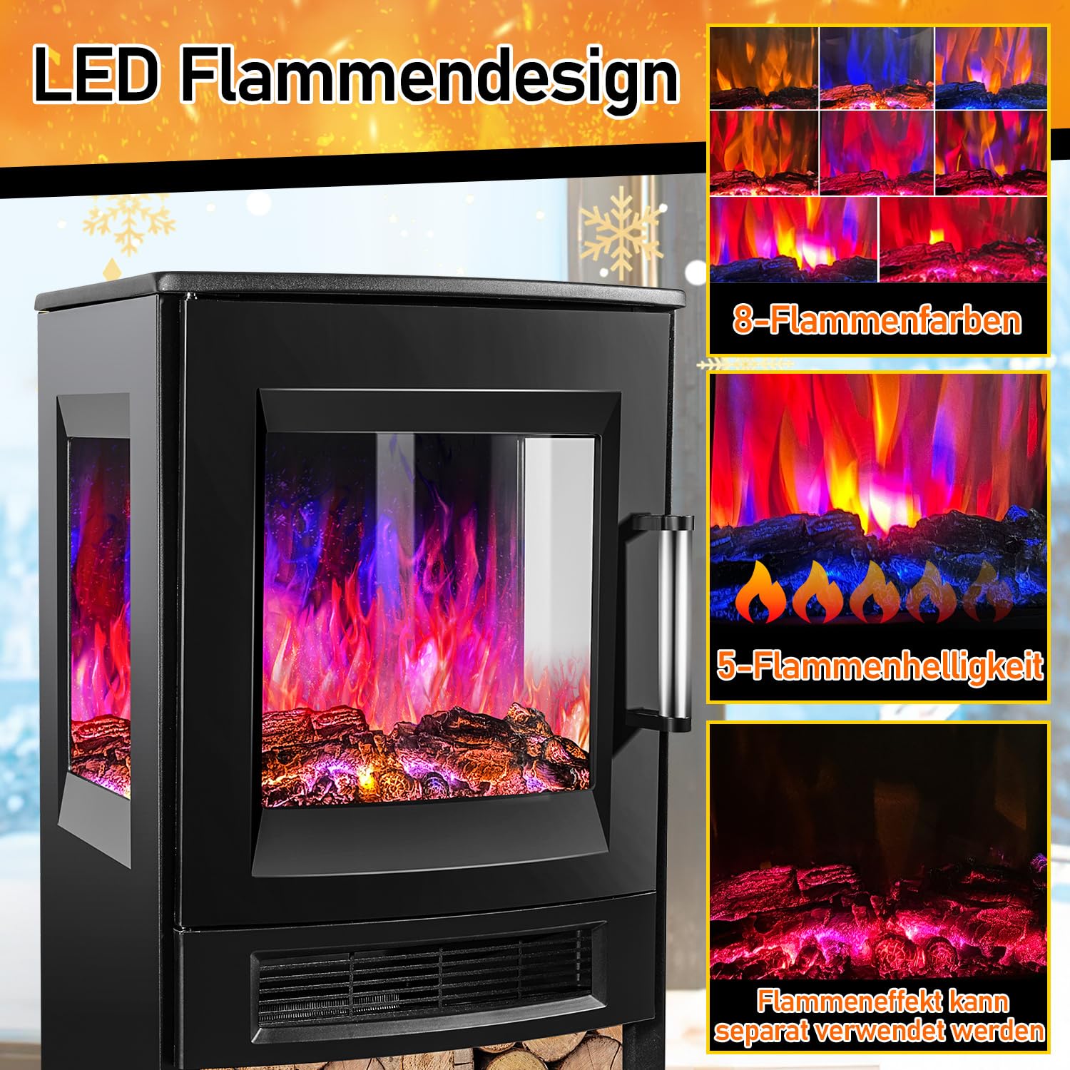 Electric Fireplace,elektrischer Kamin 950/1900 W, Fireplace Electric LED Flame Effect,Elektrokamin mit Heizung with Thermostat,Viewing Window Heating Function Timer