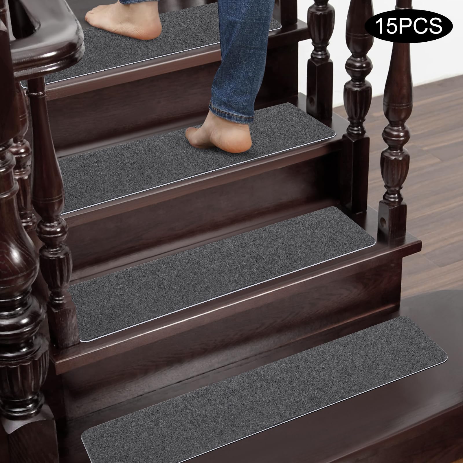 Stufenmatten, 15pcs Treppenstufen Treppenteppich, Anti-Rutsch Treppen Stufenmatten, Stufenschutz Stufenteppich für Holztreppen, Steintreppen, gestrichenen Treppen (Grau, 20.3 * 76cm)