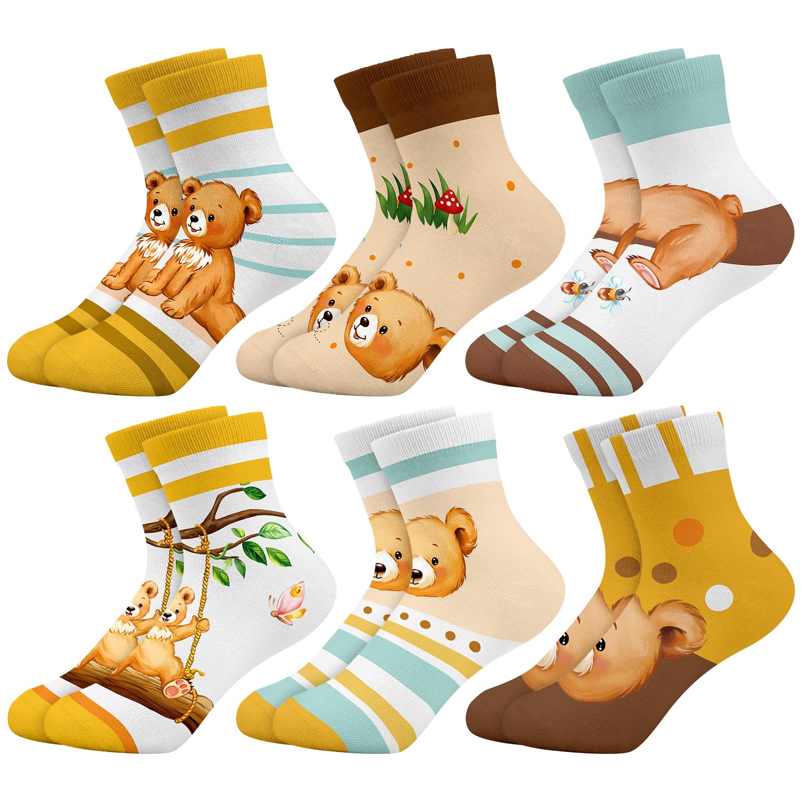 Queenshin Schulkind Sneaker Socken Mädchen Kinder Gelber Bär Niedliches Cartoon-Tier Lustige Motiv 6 Paar Geschenke 3-14 Jahre Größe 25-38 Atmungsaktiv Weich