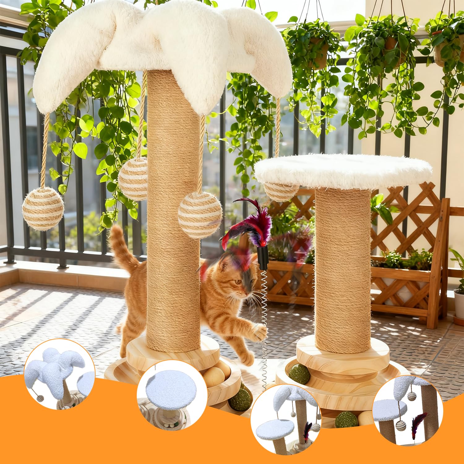 Giocattolo interattivo per gatti 6 in 1, adatto per gatti di medie e piccole dimensioni per allenarsi, dotato di palline da corsa sospese e un tiragraffi in iuta (bianco)