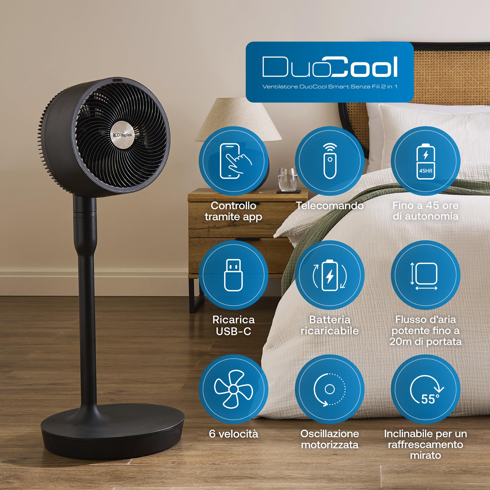 Dimplex DUOCOOL Smart Ventilatore Senza Fili 2-in-1, Ventilatore a Piantana e da Tavolo, Batteria 45h, 5 Velocità + Turbo, Portata 20m, Silenzioso (36dB), App, Google Home, Alexa, Telecomando, Nero