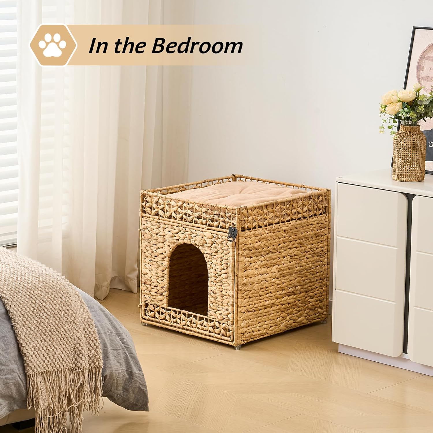 Cat House, Natural Cat Cave Pet Cube, Handwoven Cat Beds Indoor Cat Hideaway with Bed Mats, Double-Layer Design, for Multi Small Pet in Living Room Bedroom