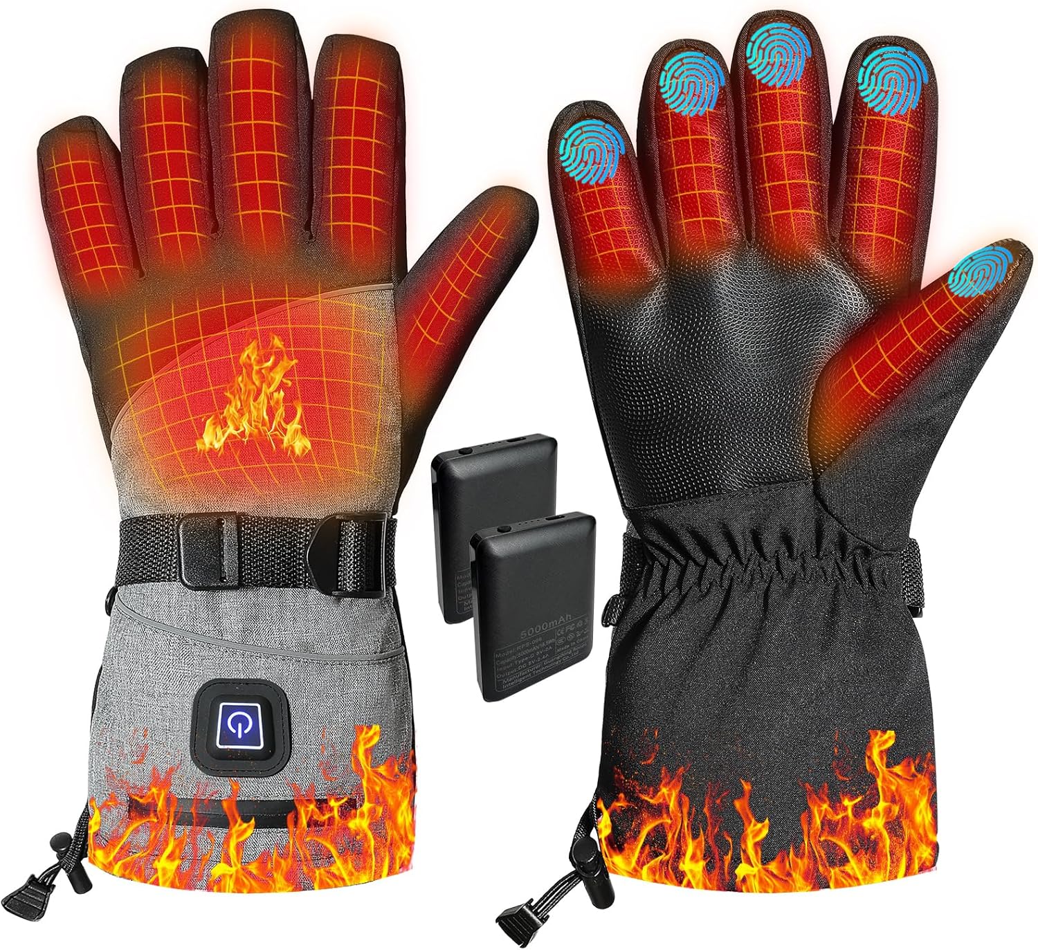 Heated Gloves for Men & Women, 10-Finger Touchscreen Compatible, 5V 5000mAh Batteries with 3 Heating Levels, Waterproof Winter Motorcycle Gloves for Skiing, Hunting, Work