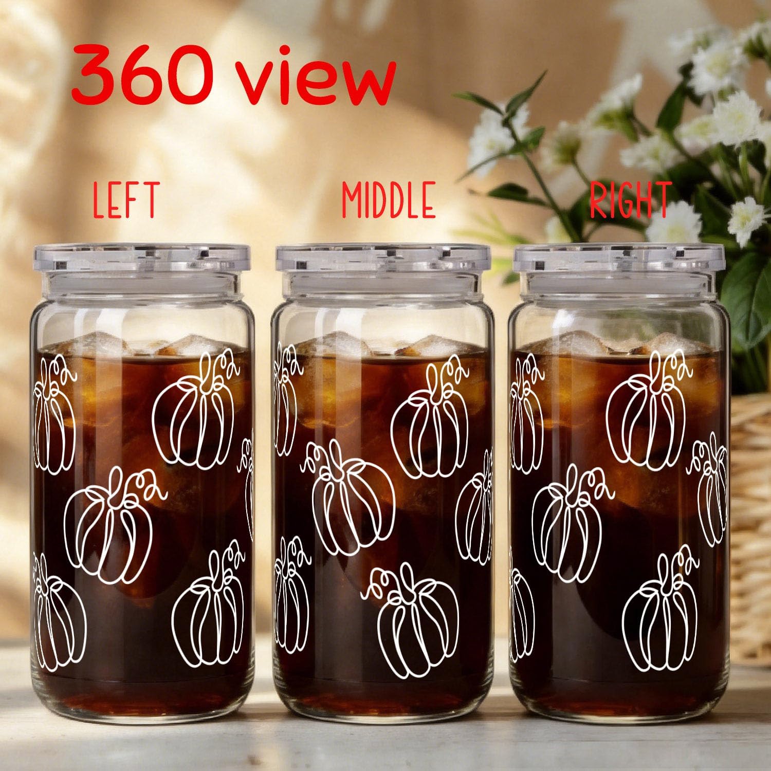 Cute Aesthetic Fall Pumpkin 16oz Glass Cup with Lids Straws Gift for Women