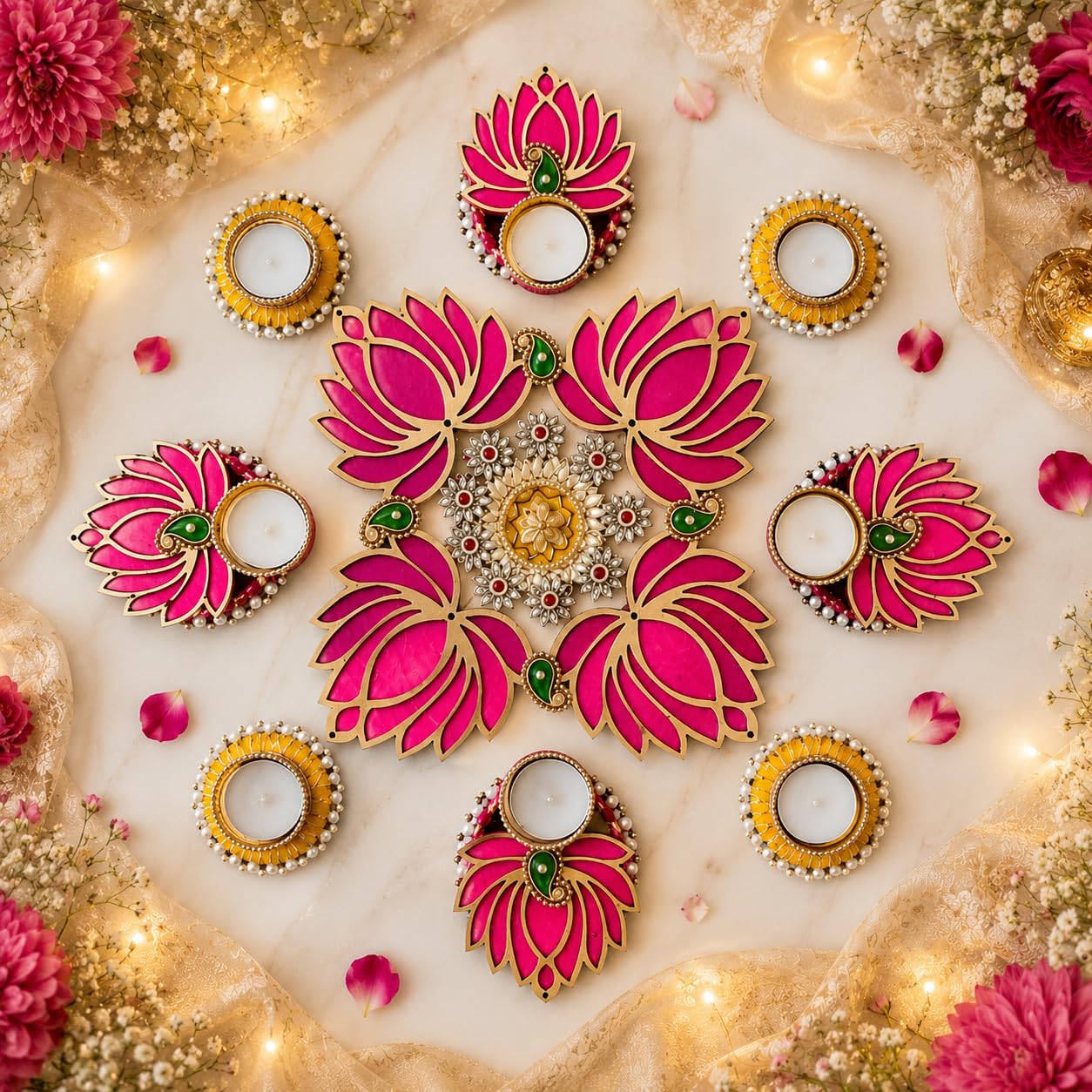 Lazybeee Handmade 9pc Pink Lotus-Themed Decorative Rangoli Set with Pearl Accents & Tealight Holders – Perfect for Diwali, Weddings, and Festive Home Decor | Deepawali Gift for Loved Ones (Design 6)-image-37